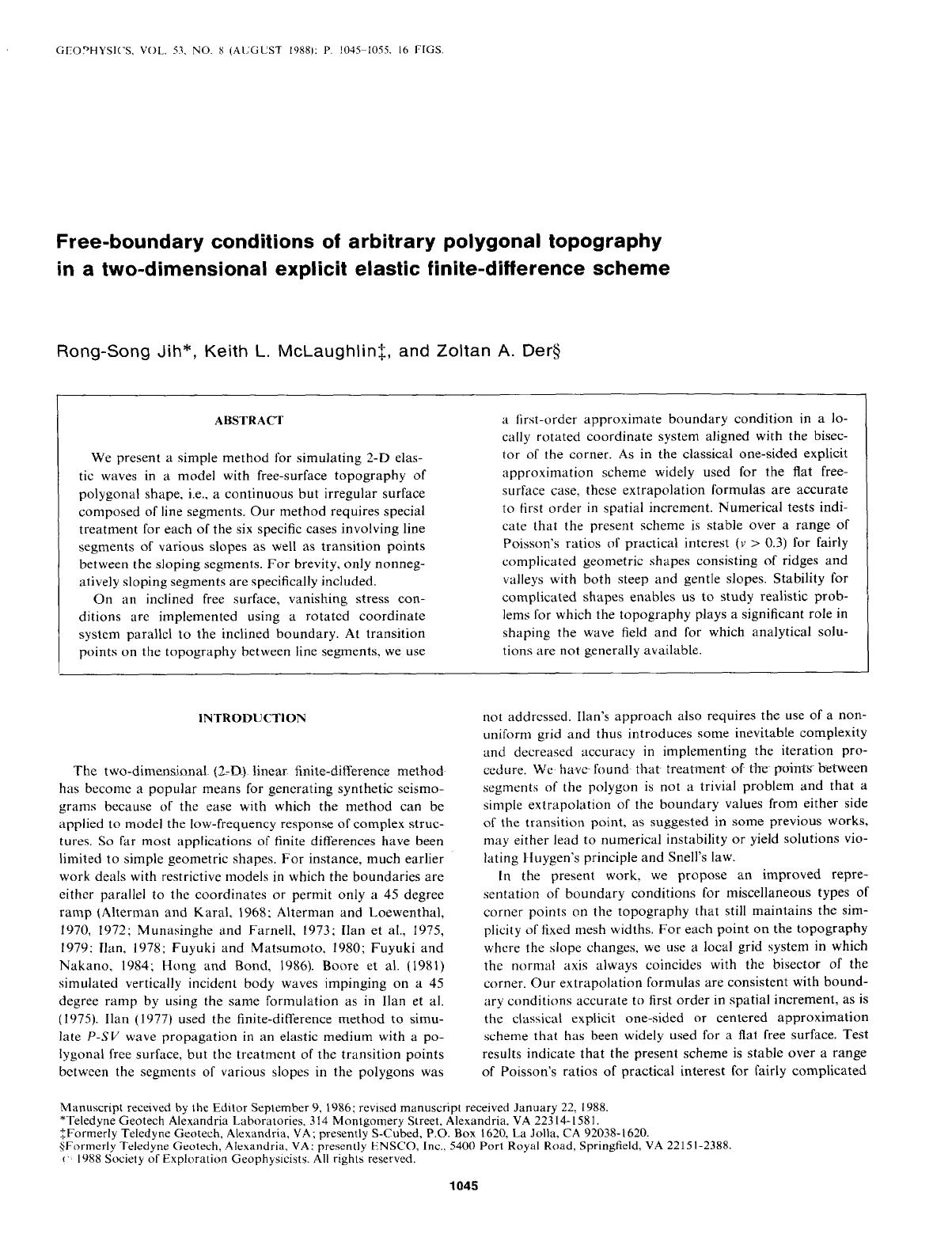 Free-boundary conditions of arbitrary polygonal topography in a two-dimensional explicit elastic finite-difference scheme by Jih R. -S.; McLaughlin K. L.; Der Z. A