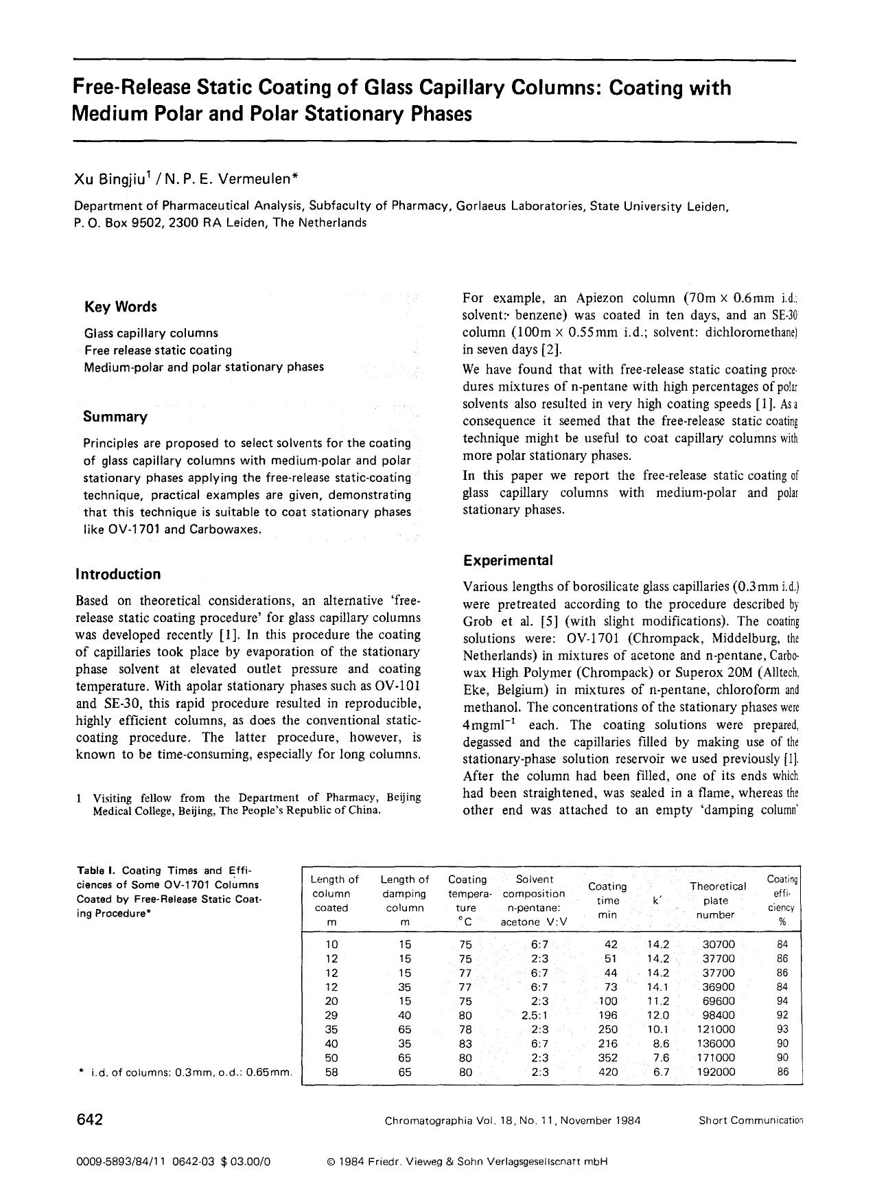 Free-release static coating of glass capillary columns: Coating with medium polar and polar stationary phases by Unknown