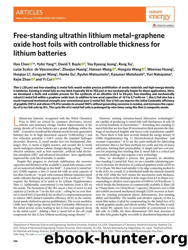 Free-standing ultrathin lithium metalâgraphene oxide host foils with controllable thickness for lithium batteries by unknow