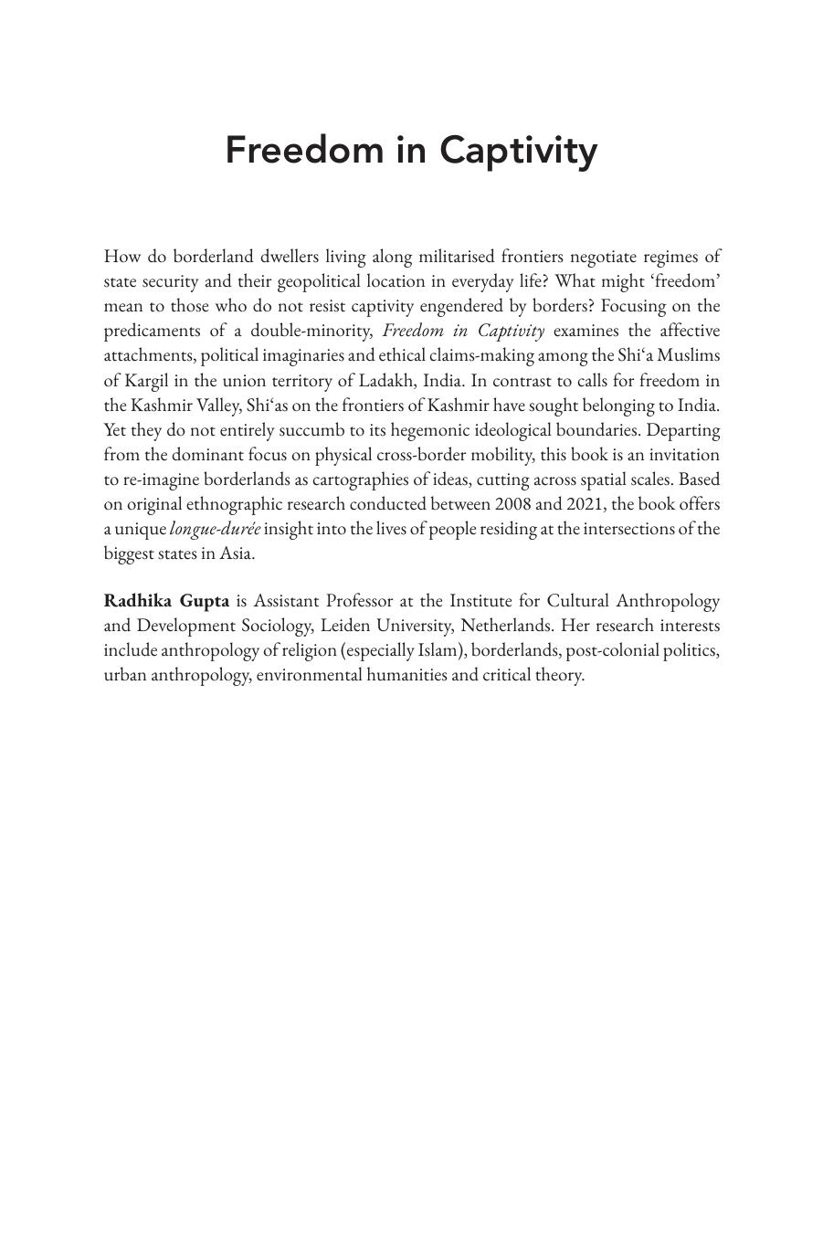 Freedom in Captivity: Negotiations of Belonging along Kashmir's Frontier by Radhika Gupta