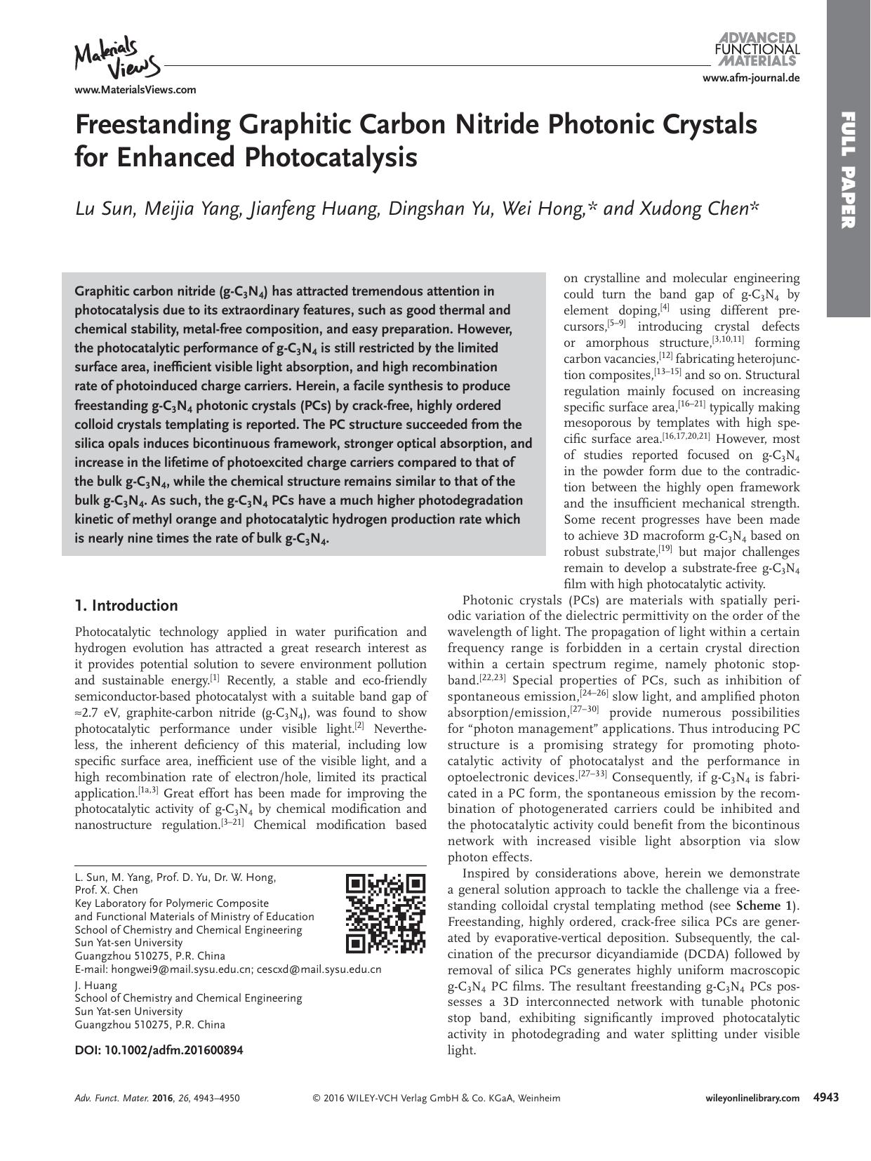 Freestanding Graphitic Carbon Nitride Photonic Crystals for Enhanced Photocatalysis by Unknown