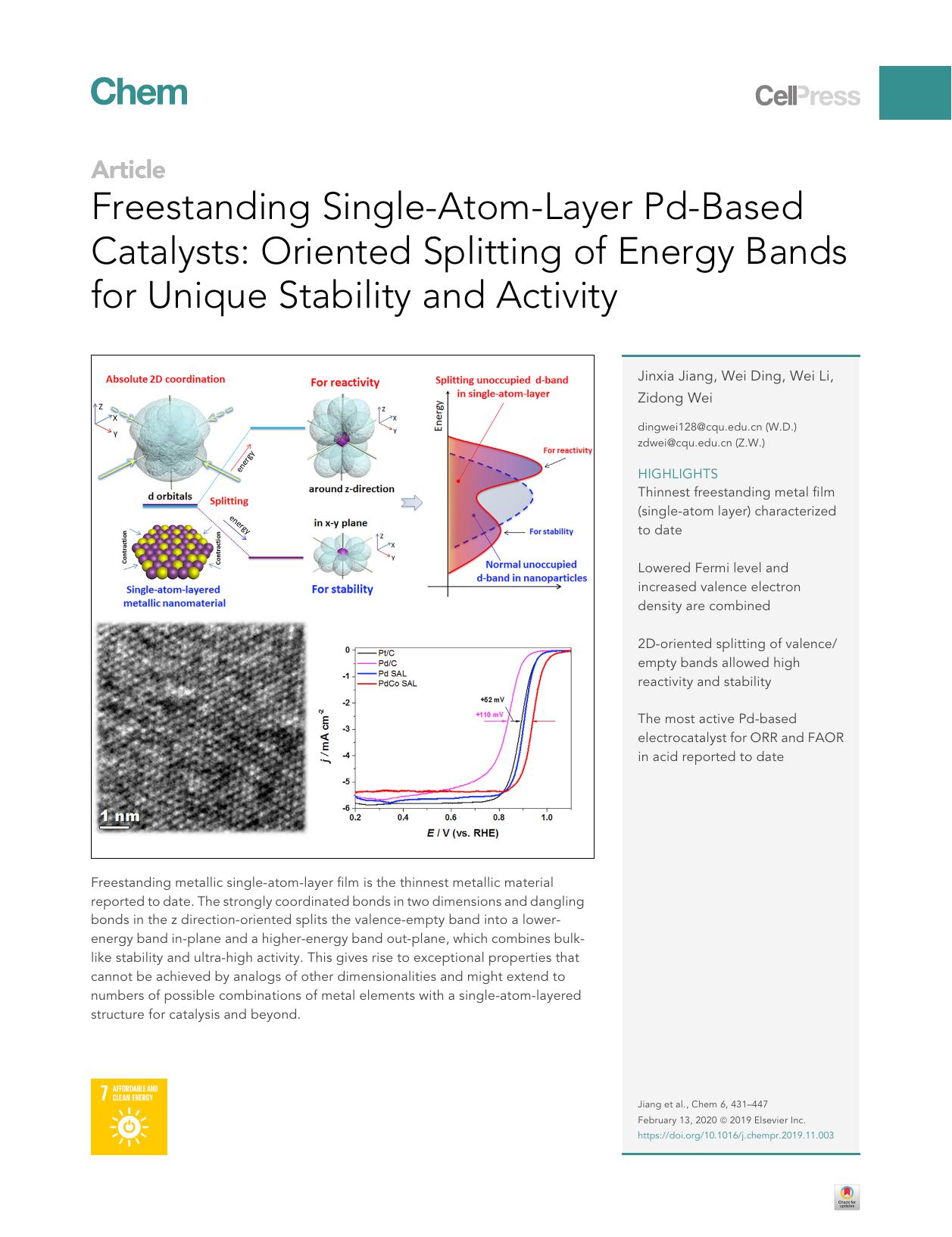 Freestanding Single-Atom-Layer Pd-Based Catalysts: Oriented Splitting of Energy Bands for Unique Stability and Activity by Jinxia Jiang & Wei Ding & Wei Li & Zidong Wei