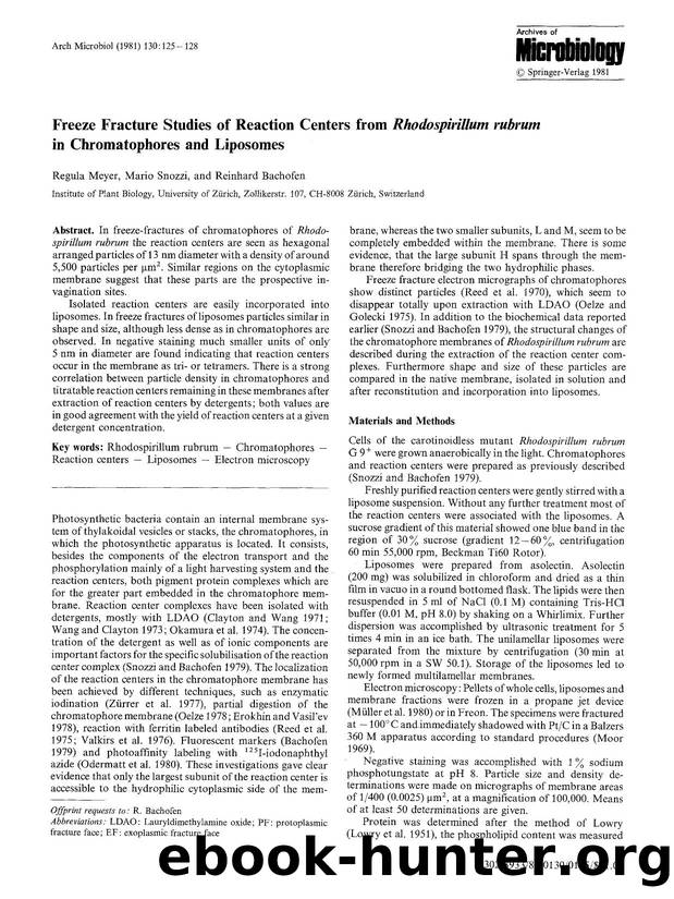 Freeze fracture studies of reaction centers from <Emphasis Type="Italic">Rhodospirillum rubrum<Emphasis> in chromatophores and liposomes by Unknown
