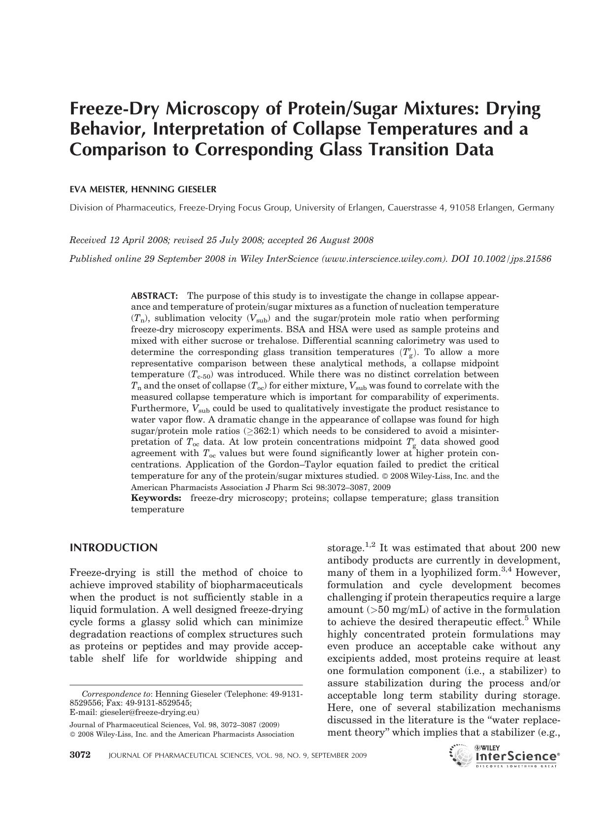 Freeze-dry microscopy of proteinsugar mixtures: Drying behavior, interpretation of collapse temperatures and a comparison to corresponding glass transition Data by Unknown