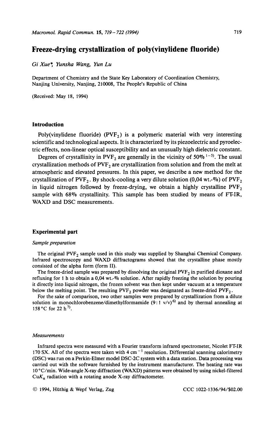 Freeze-drying crystallization of poly(vinylidene fluoride) by Unknown