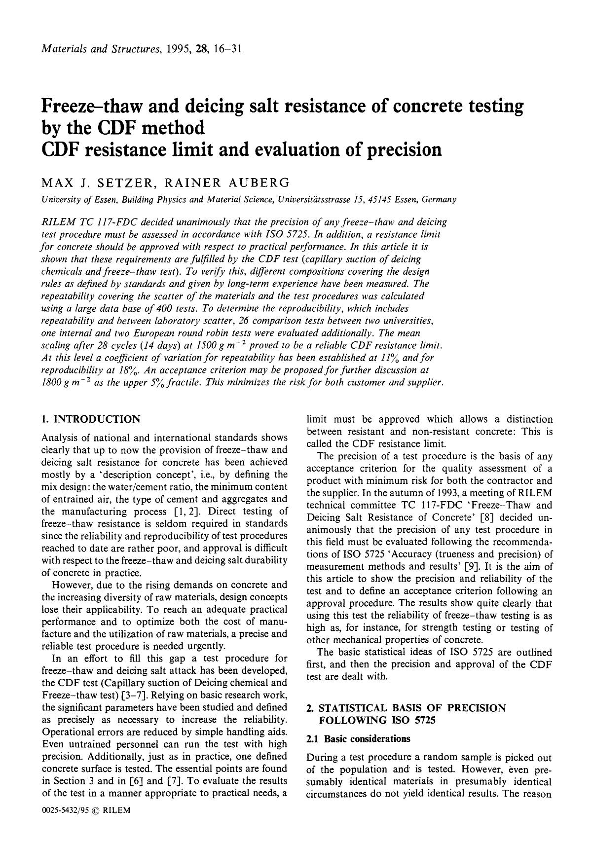 Freeze-thaw and deicing salt resistance of concrete testing by the CDF method CDF resistance limit and evaluation of precision by Unknown