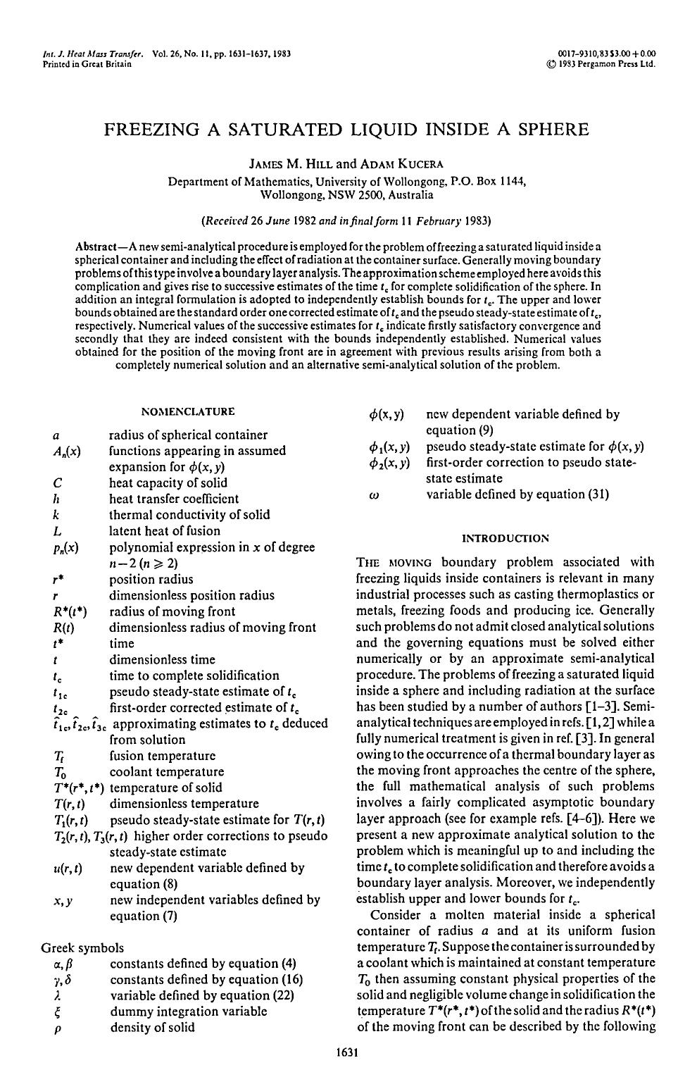 Freezing a saturated liquid inside a sphere by James M. Hill; Adam Kucera