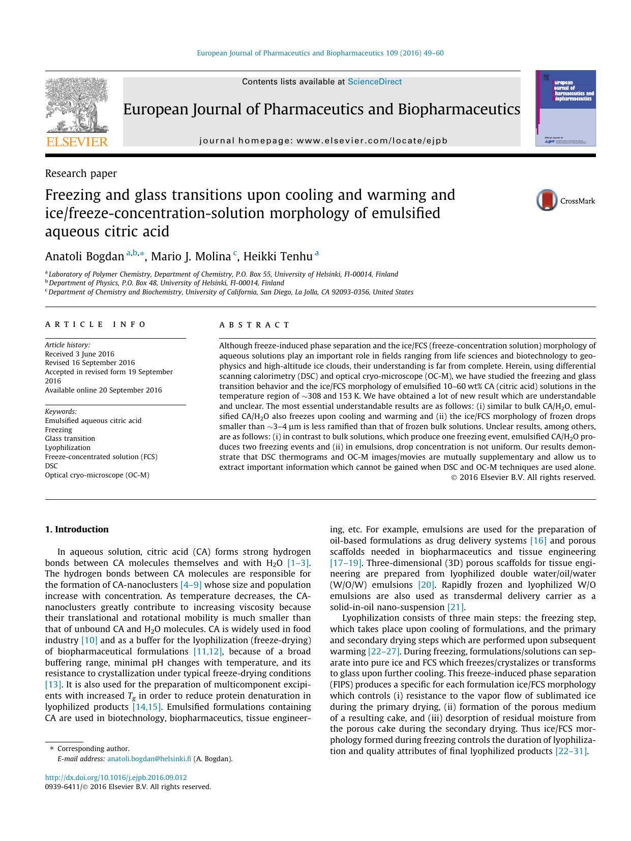Freezing and glass transitions upon cooling and warming and icefreeze-concentration-solution morphology of emulsified aqueous citric acid by Anatoli Bogdan & Mario J. Molina & Heikki Tenhu