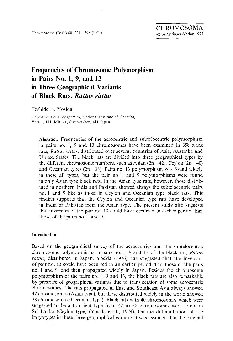 Frequencies of chromosome polymorphism in pairs no. 1, 9, and 13 in three geographical variants of black rats, <Emphasis Type="Italic">Rattus rattus<Emphasis> by Unknown