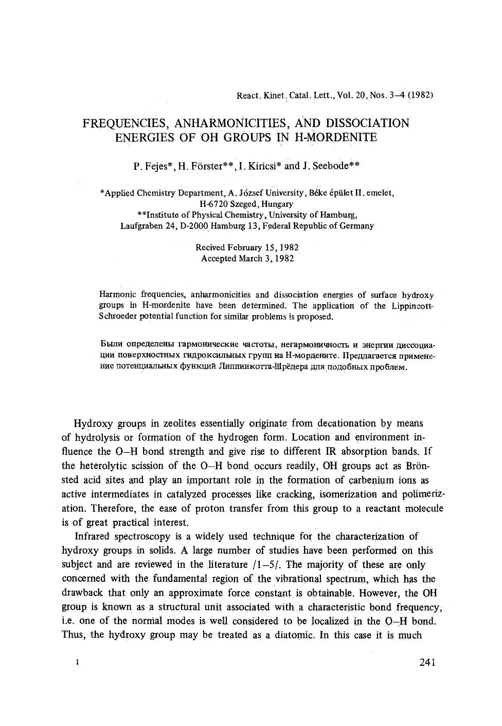 Frequencies, anharmonicities, and dissociation energies of OH groups in H-mordenite by Unknown