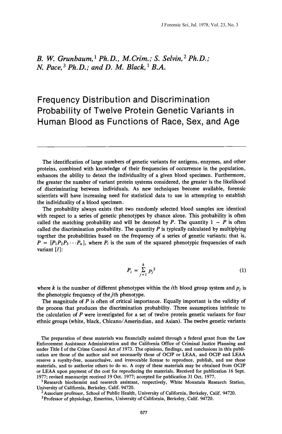 Frequency Distribution and Discrimination Probability of Twelve Protein Genetic Variants in Human Blood as Functions of Race, Sex, and Age by Grunbaum BW Selvin S Pace N Black DM