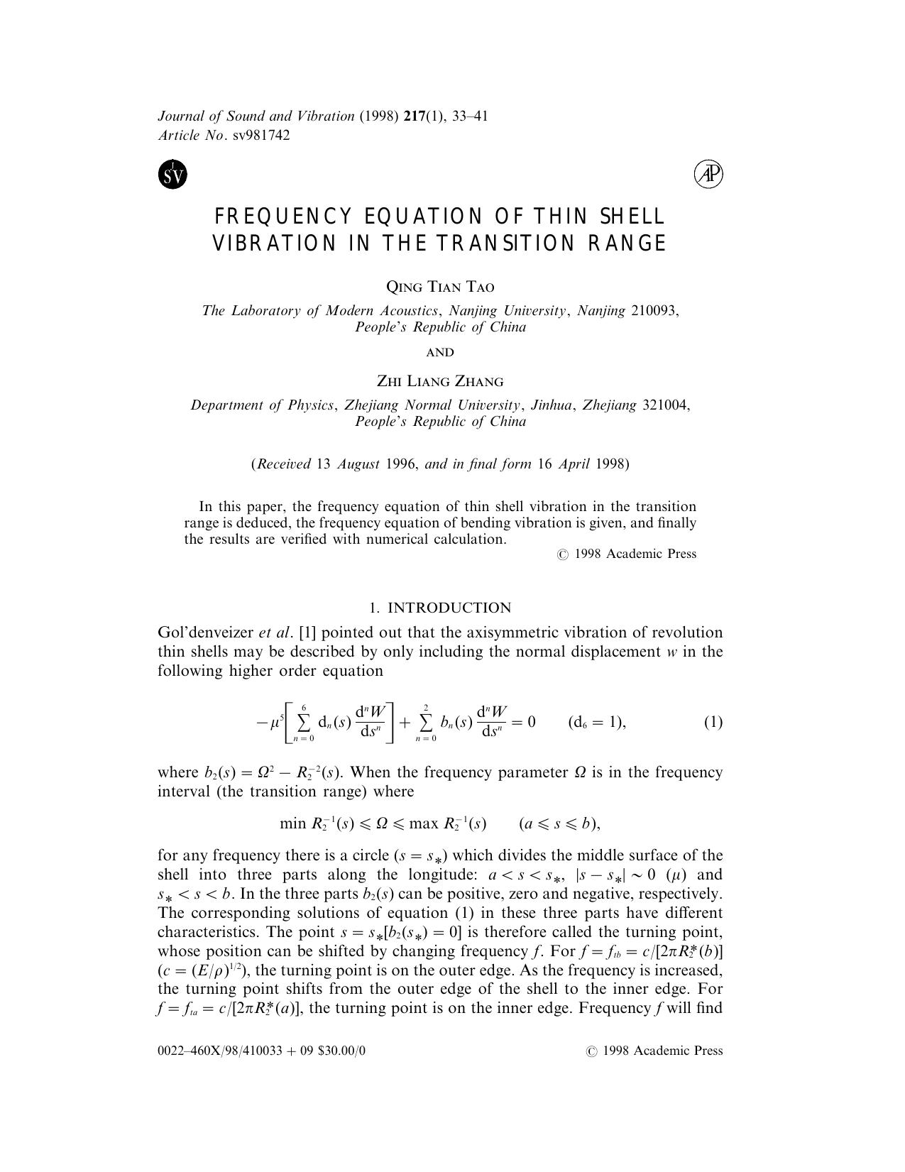 Frequency Equation of Thin Shell Vibration in the Transition Range by Tao Q. T. & Zhang L. Z