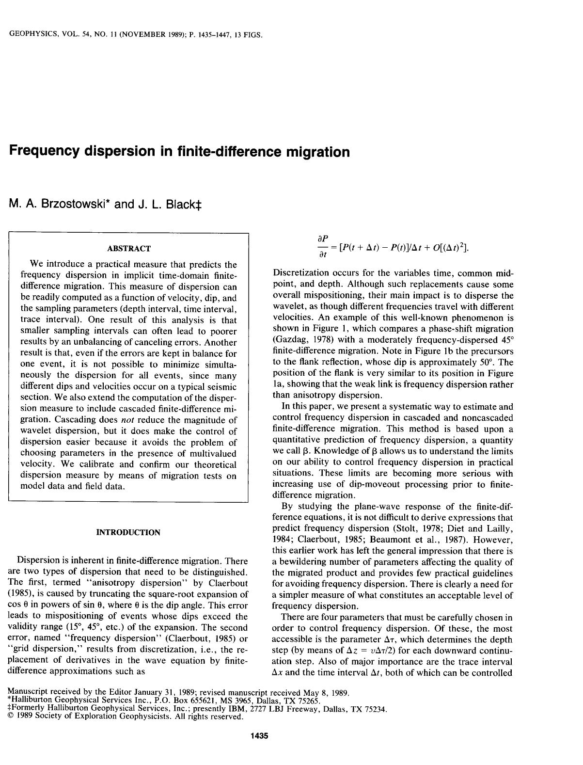 Frequency dispersion in finite-difference migration by Brzostowski M. A.; Black J. L