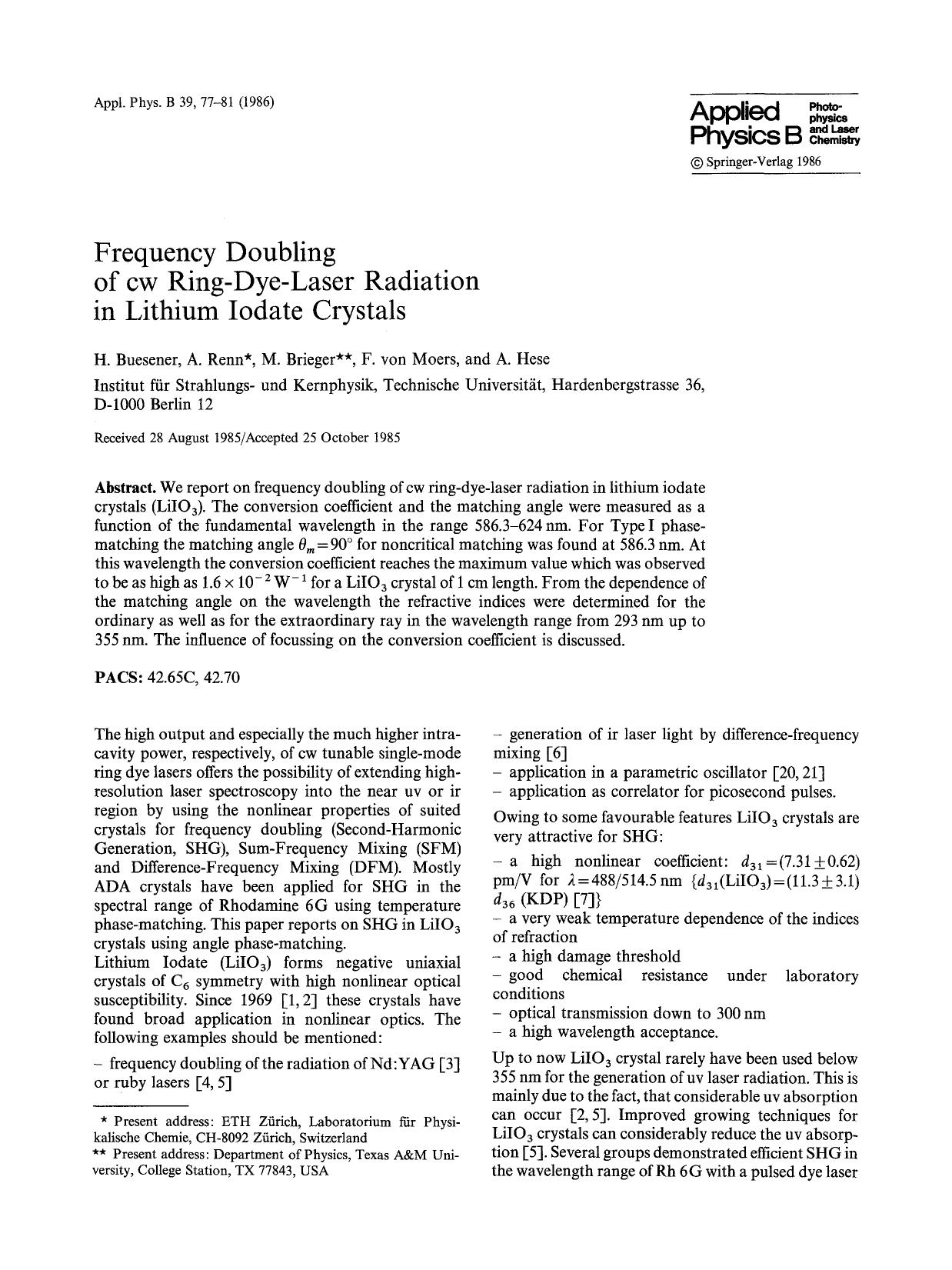 Frequency doubling of cw ring-dye-laser radiation in lithium iodate crystals by unknow