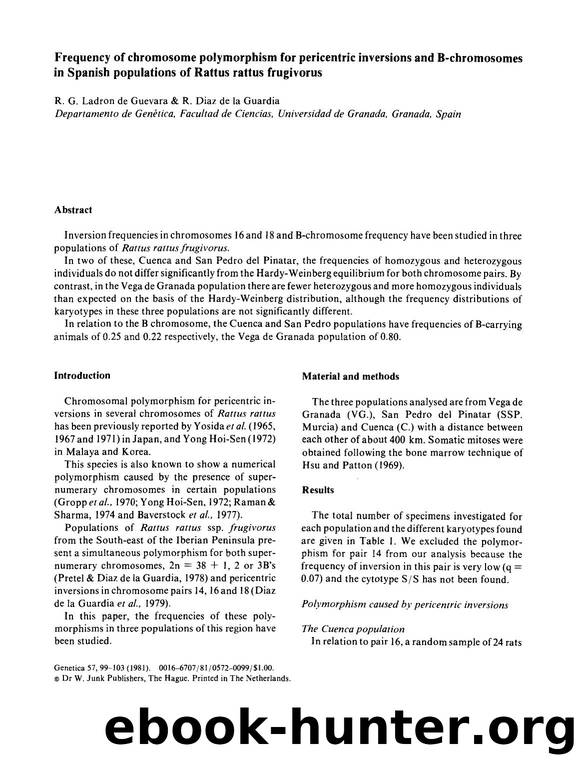 Frequency of chromosome polymorphism for pericentric inversions and B-chromosomes in Spanish populations of Rattus rattus frugivorus by Unknown