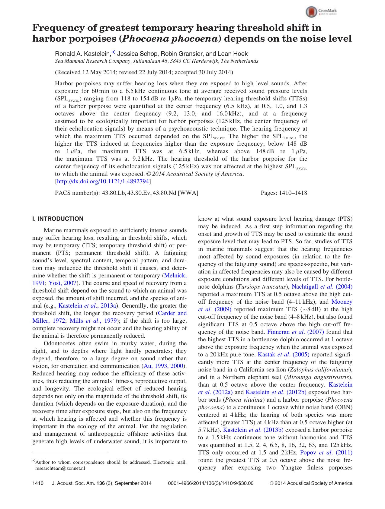 Frequency of greatest temporary hearing threshold shift in harbor porpoises (Phocoena phocoena) depends on the noise level by Ronald A. Kastelein & Jessica Schop & Robin Gransier & Lean Hoek