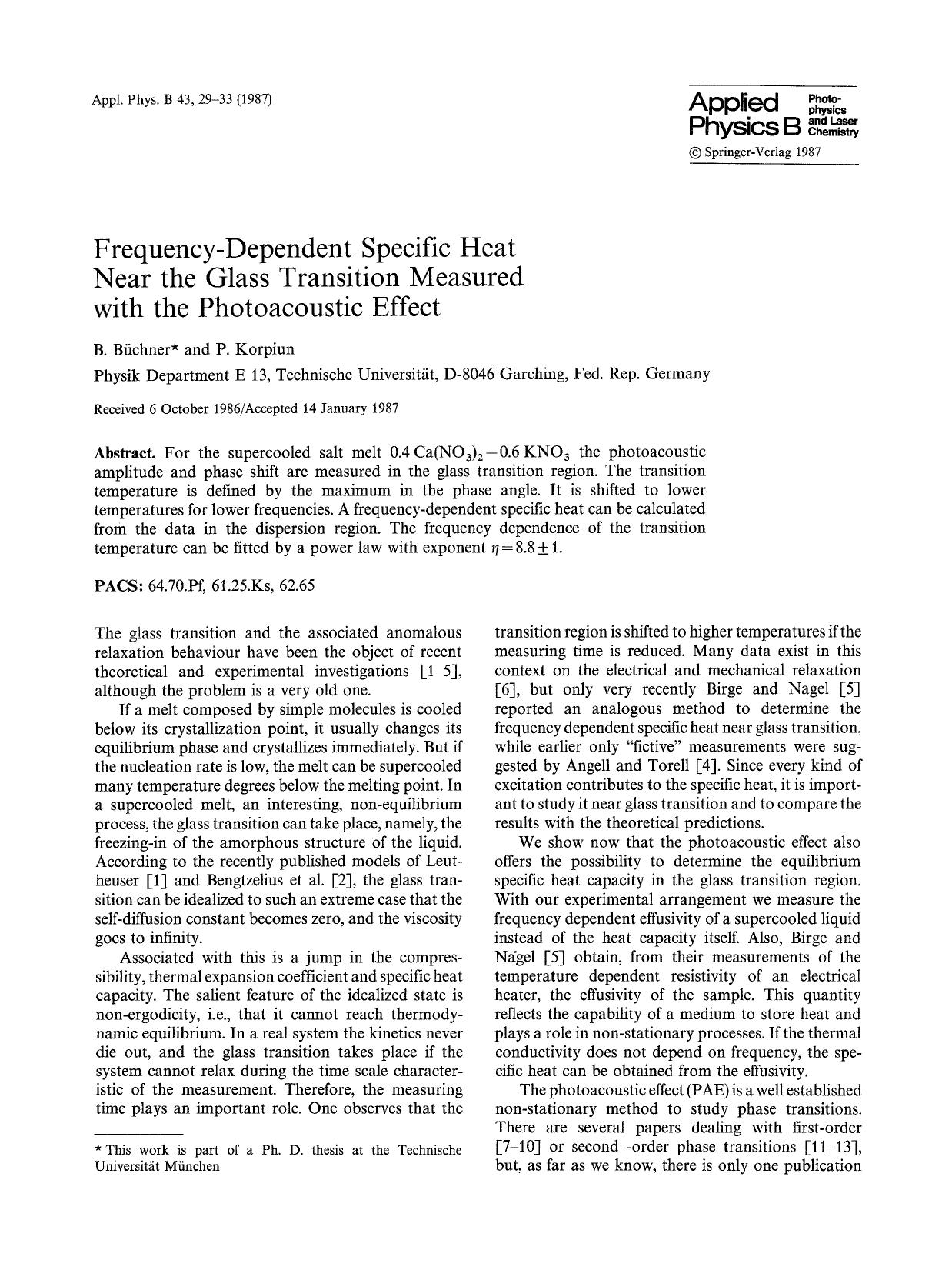 Frequency-dependent specific heat near the glass transition measured with the photoacoustic effect by Unknown