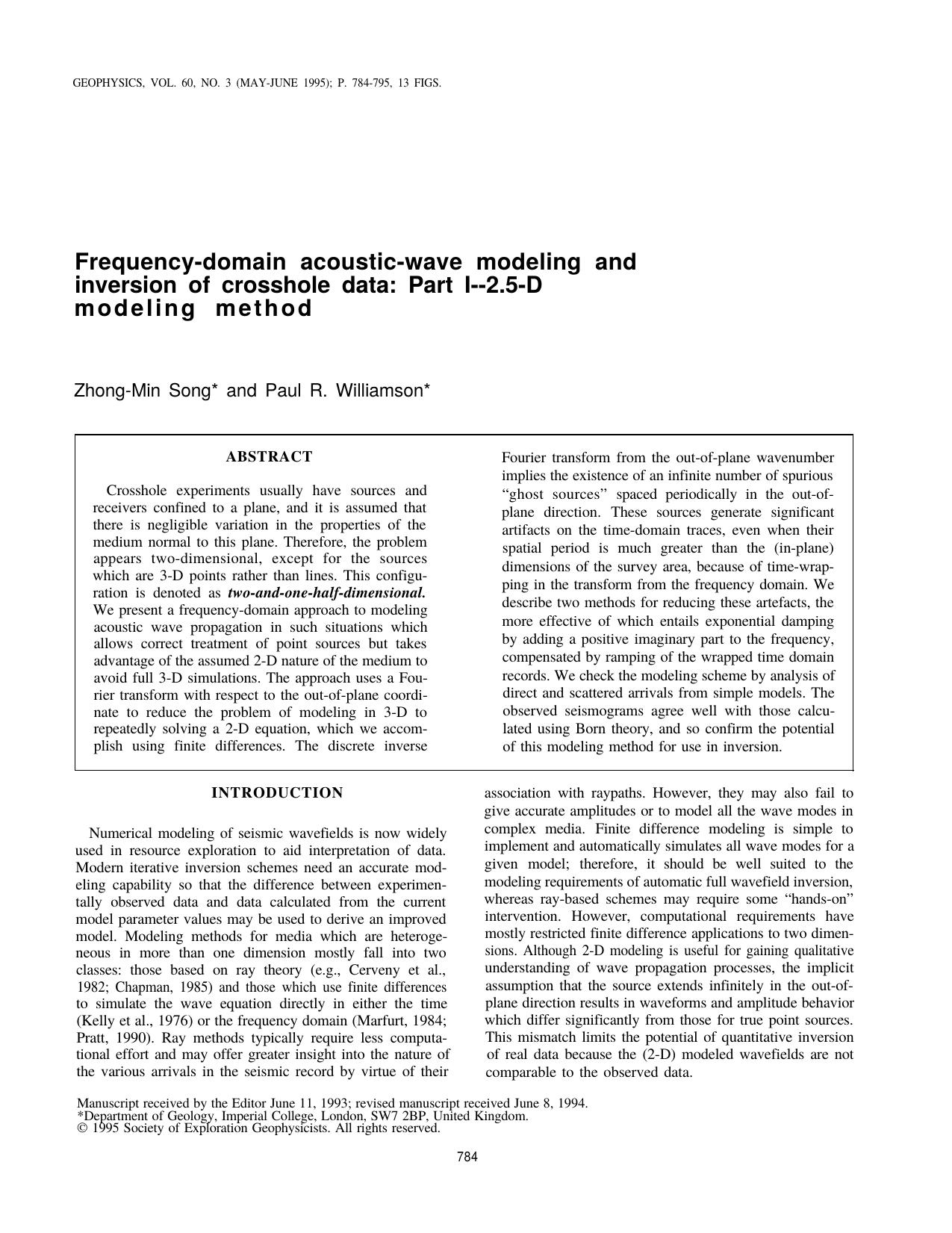 Frequency-domain acoustic-wave modeling and inversion of crosshole data: Part I: 2.5-D modeling method by Z.-M. Song P. R. Williamson