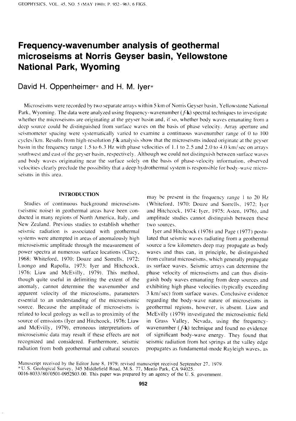 Frequency-wavenumber analysis of geothermal microseisms at Norris Geyser basin, Yellowstone National Park, Wyoming by Oppenheimer D. H.; Iyer H. M