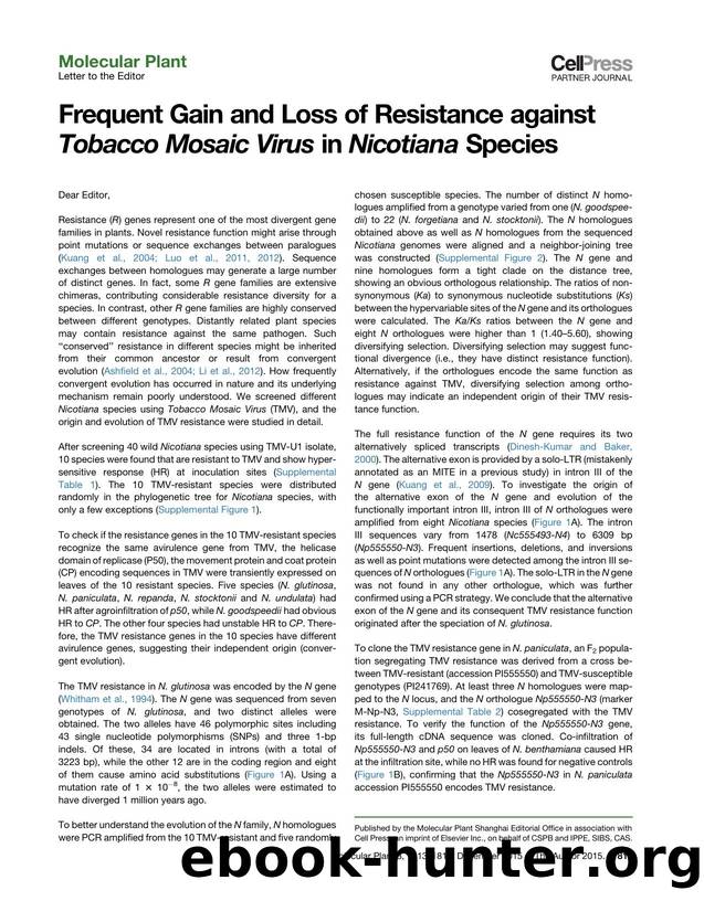 Frequent Gain and Loss of Resistance against Tobacco Mosaic Virus in Nicotiana Species by unknow