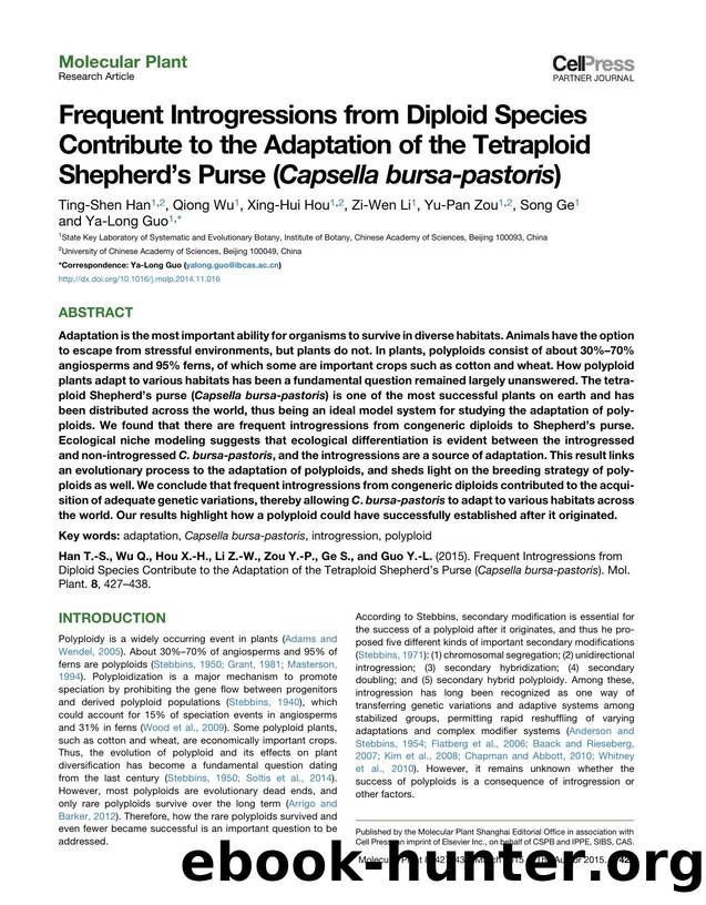 Frequent Introgressions from Diploid Species Contribute to the Adaptation of the Tetraploid Shepherd's Purse (Capsella bursa-pastoris) by Ting-Shen Han & Qiong Wu & Xing-Hui Hou & Zi-Wen Li & Yu-Pan Zou & Song Ge & Ya-Long Guo