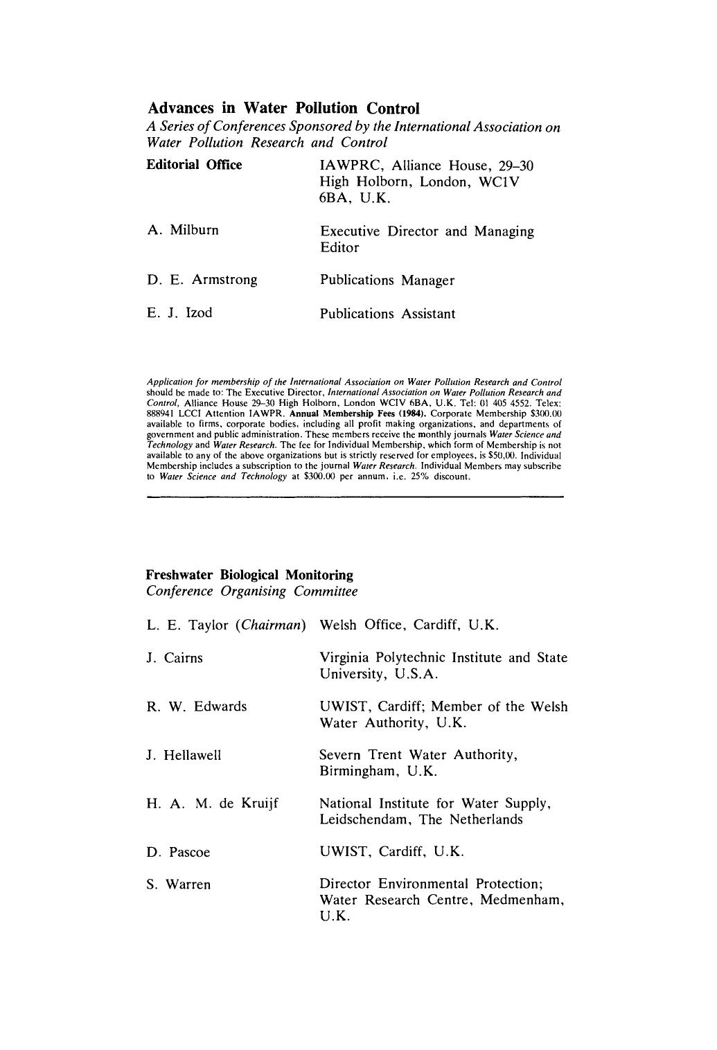 Freshwater Biological Monitoring. Proceedings of a Specialised Conference Held in Cardiff, U.K., 12â14 September, 1984 by D. Pascoe and R. W. Edwards (Eds.)
