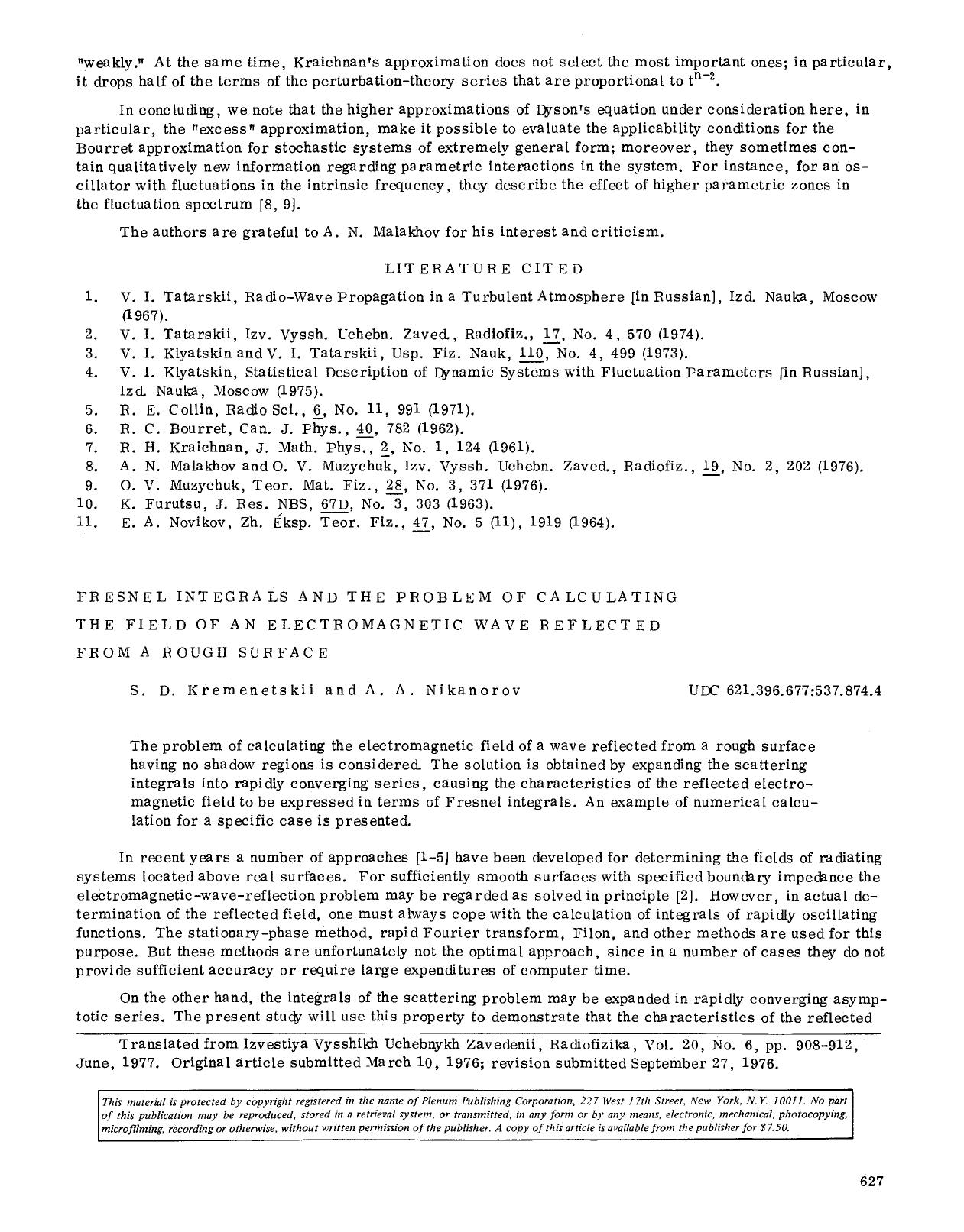 Fresnel integrals and the problem of calculating the field of an electromagnetic wave reflected from a rough surface by Unknown