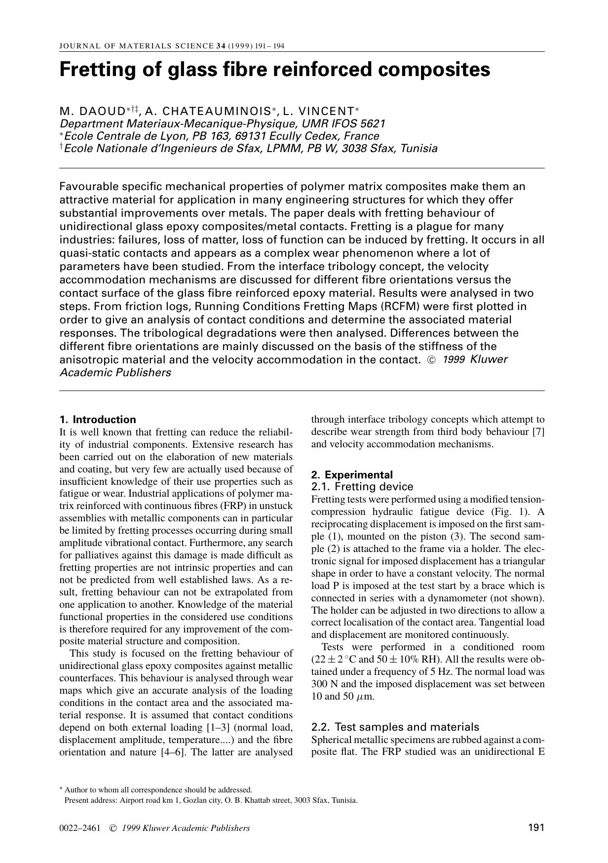 Fretting of glass fibre reinforced composites by Unknown