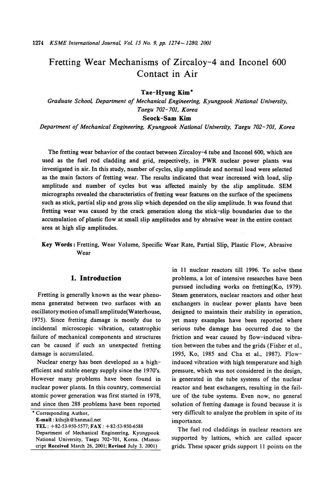 Fretting wear mechanisms of Zircaloy-4 and Inconel 600 contact in air by Unknown
