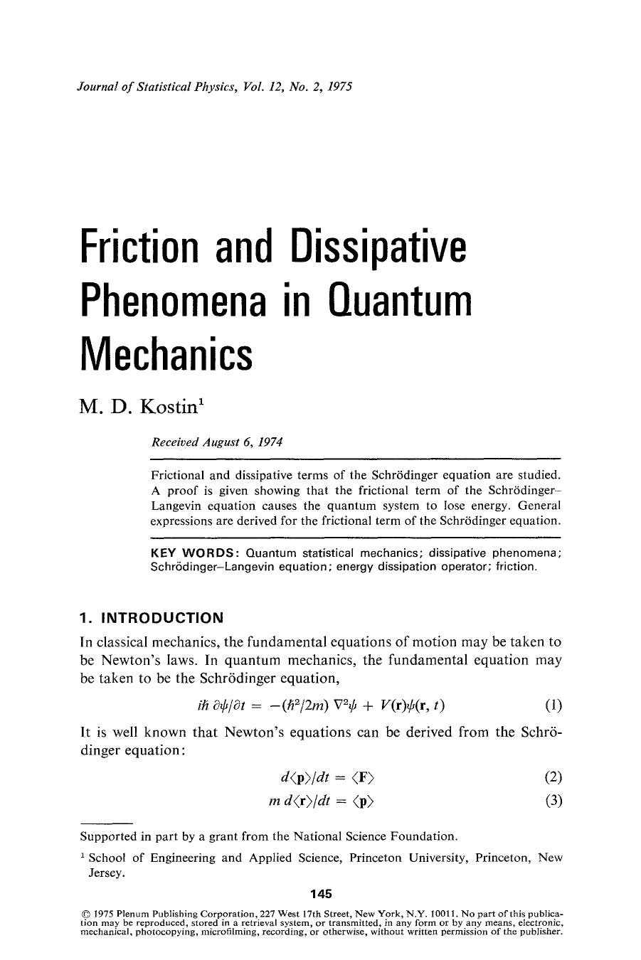 Friction and dissipative phenomena in quantum mechanics by Unknown