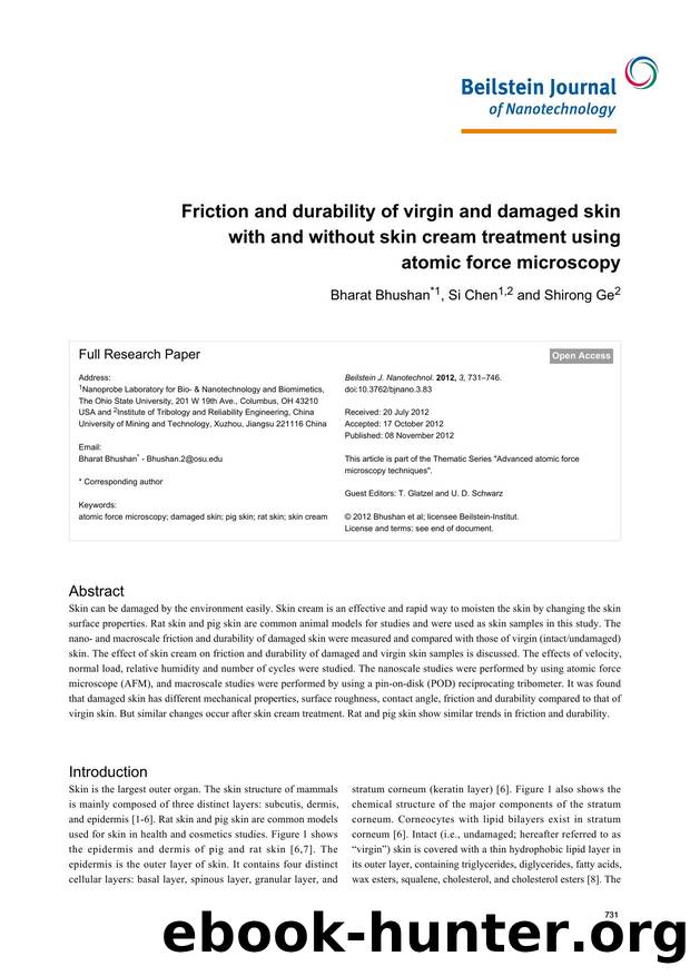 Friction and durability of virgin and damaged skin with and without skin cream treatment using atomic force microscopy by Bharat Bhushan Si Chen Shirong Ge