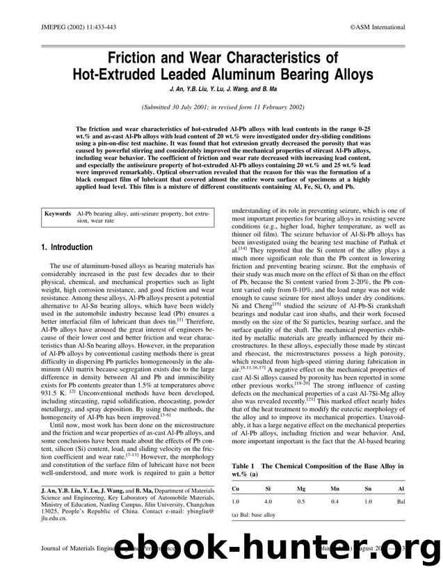 Friction and wear characteristics of hot-extruded leaded aluminum bearing alloys by Unknown