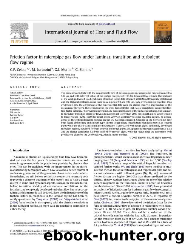 Friction factor in micropipe gas flow under laminar, transition and turbulent flow regime by G.P. Celata; M. Lorenzini; G.L. Morini; G. Zummo