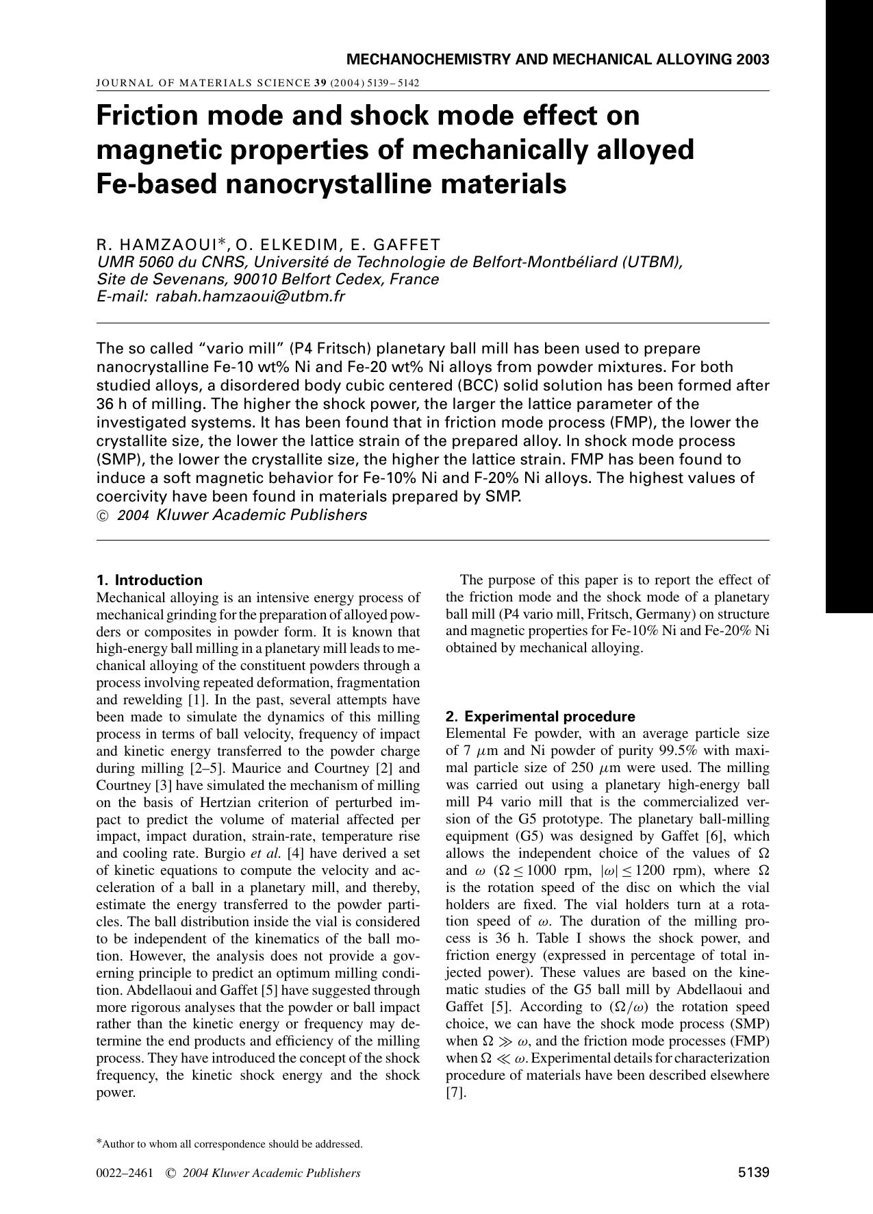 Friction mode and shock mode effect on magnetic properties of mechanically alloyed Fe-based nanocrystalline materials by Unknown