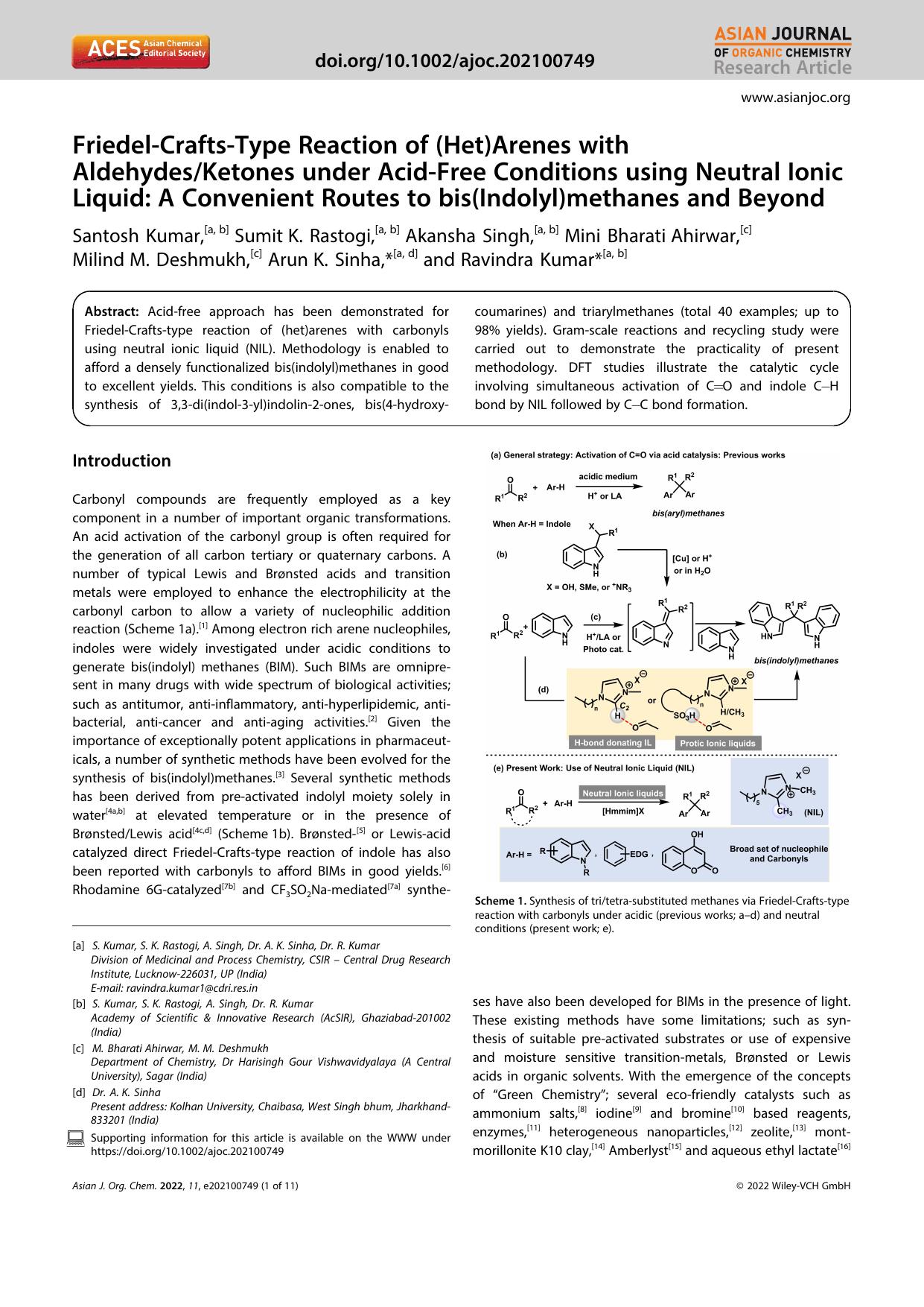 FriedelâCraftsâType Reaction of (Het)Arenes with AldehydesKetones under AcidâFree Conditions using Neutral Ionic Liquid: A Convenient Routes to bis(Indolyl)methanes and Beyond by Unknown