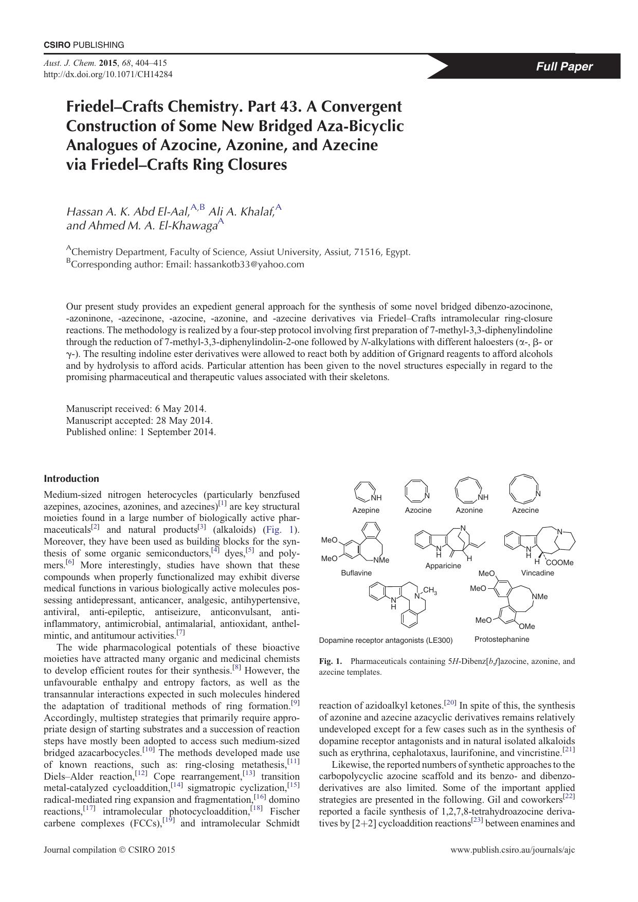 Friedel-Crafts Chemistry. Part 43. A Convergent Construction of Some New Bridged Aza-Bicyclic Analogues of Azocine, Azonine, and Azecine via Friedel-Crafts Ring Closures by H. A. K. Abd El-Aal & A. A. Khalaf & and A. M. A. El-Khawaga
