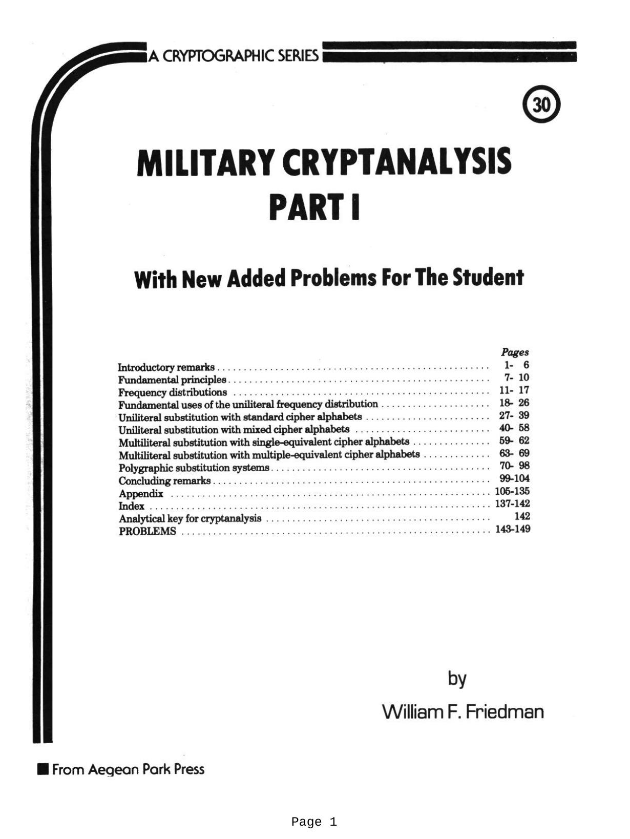 Friedman W.F. Military Cryptanalysis (Part I) (1980)(en)(153s) by Unknown