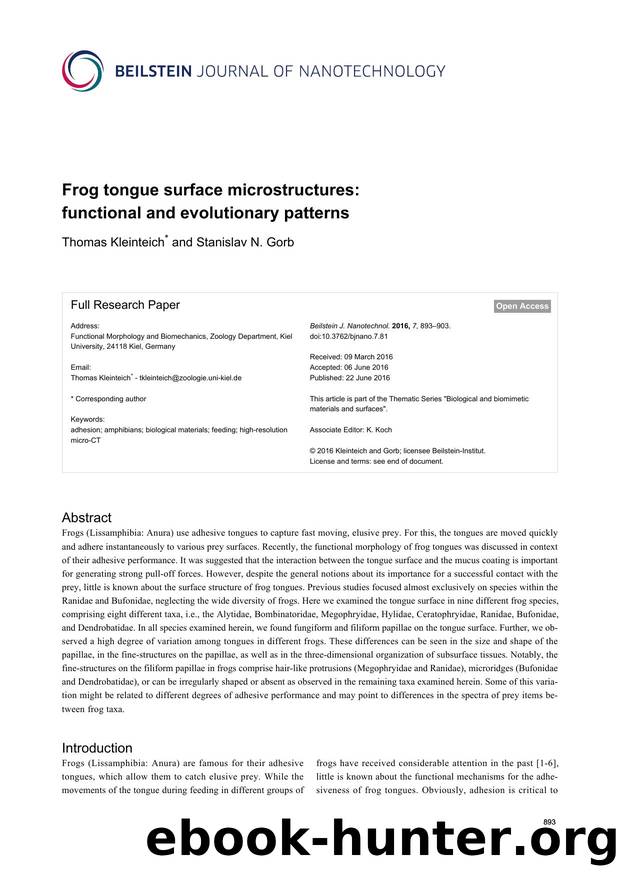 Frog tongue surface microstructures: functional and evolutionary patterns by Thomas Kleinteich Stanislav N. Gorb