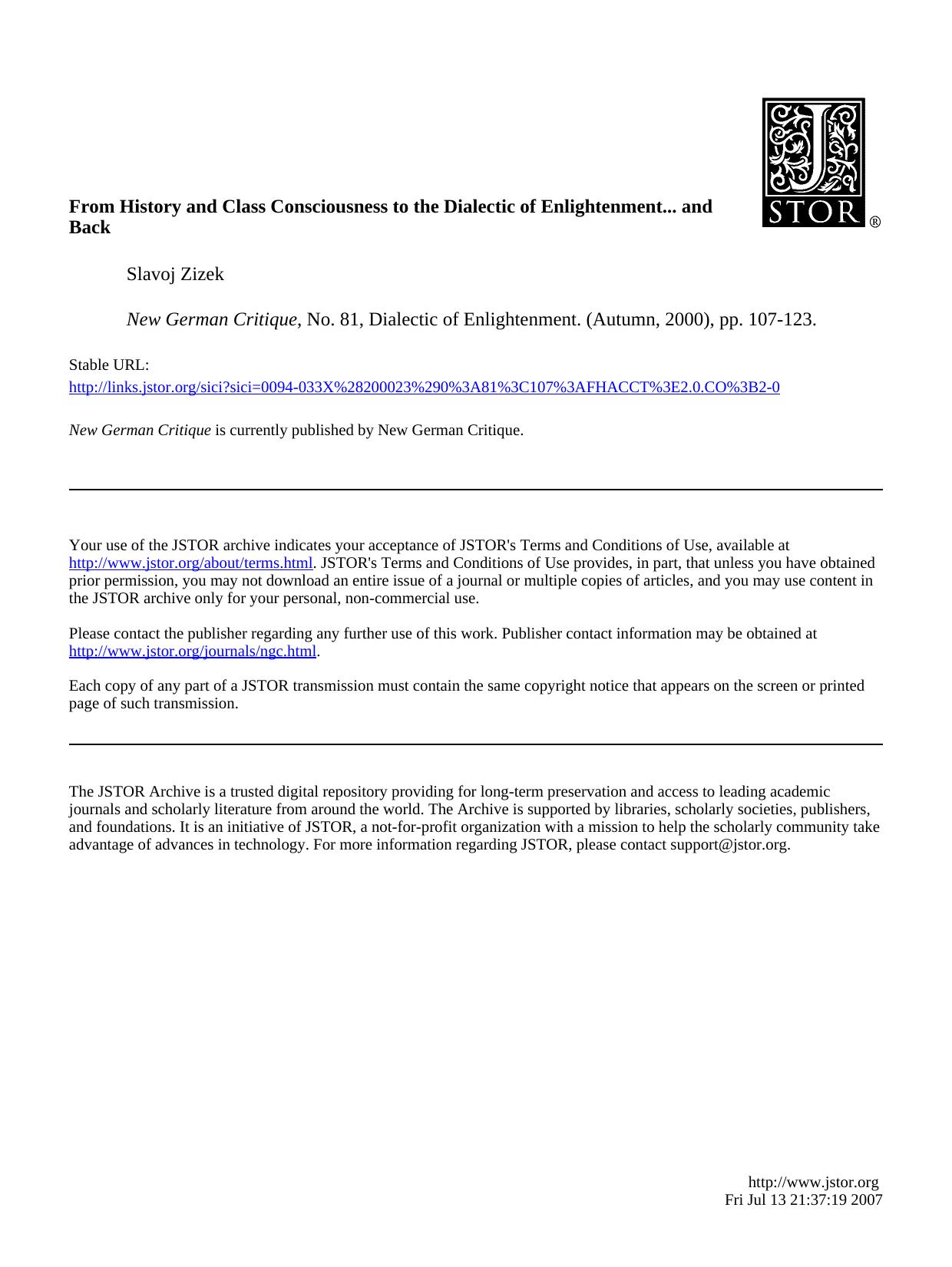From 'History And Class Consciousness' To 'The Dialectic Of Enlightenment' And Back [On LukÃ¡cs, Adorno, And Horkheimer] by Unknown
