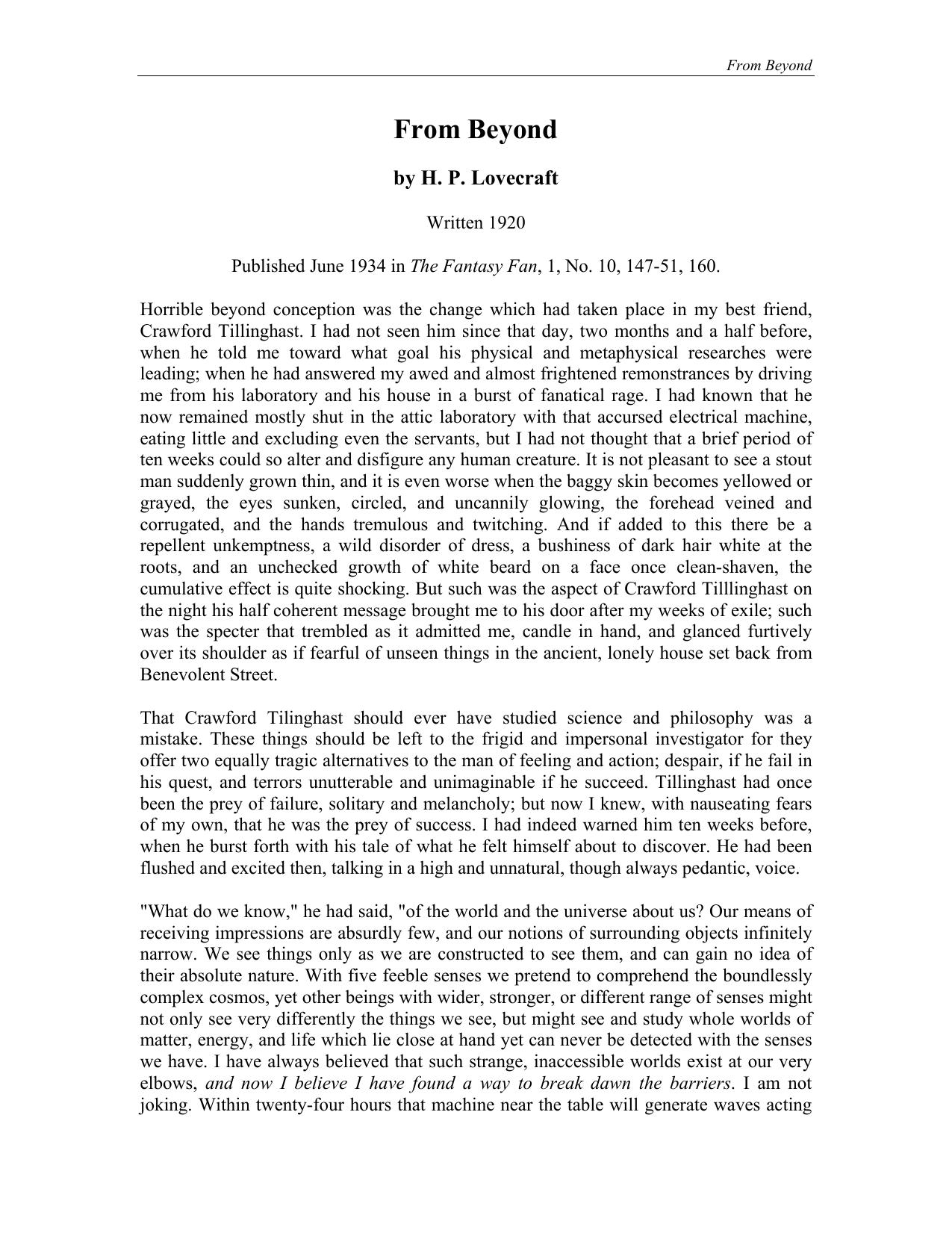 From Beyond by H. P. Lovecraft