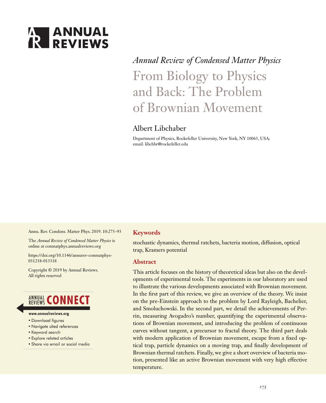 From Biology to Physics and Back: The Problem of Brownian Movement by Albert Libchaber