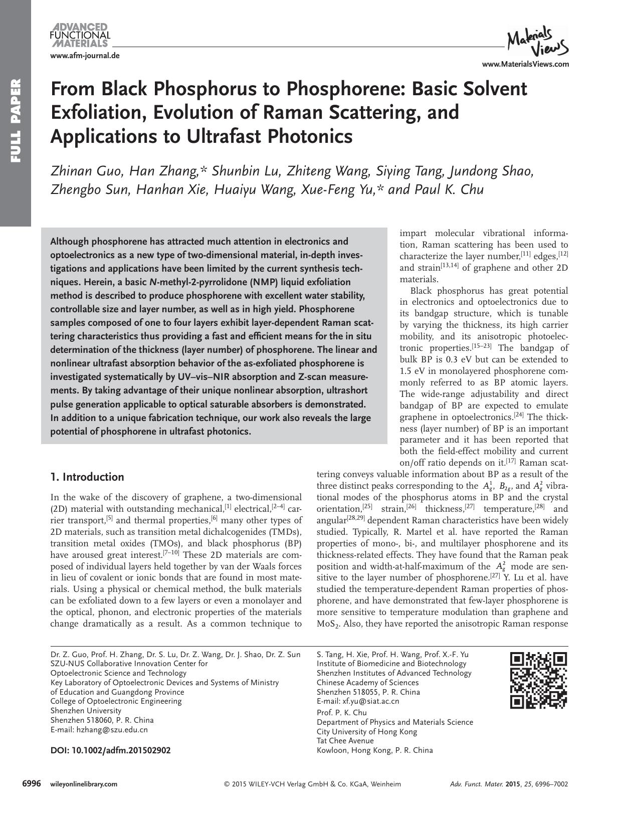 From Black Phosphorus to Phosphorene: Basic Solvent Exfoliation, Evolution of Raman Scattering, and Applications to Ultrafast Photonics by Unknown