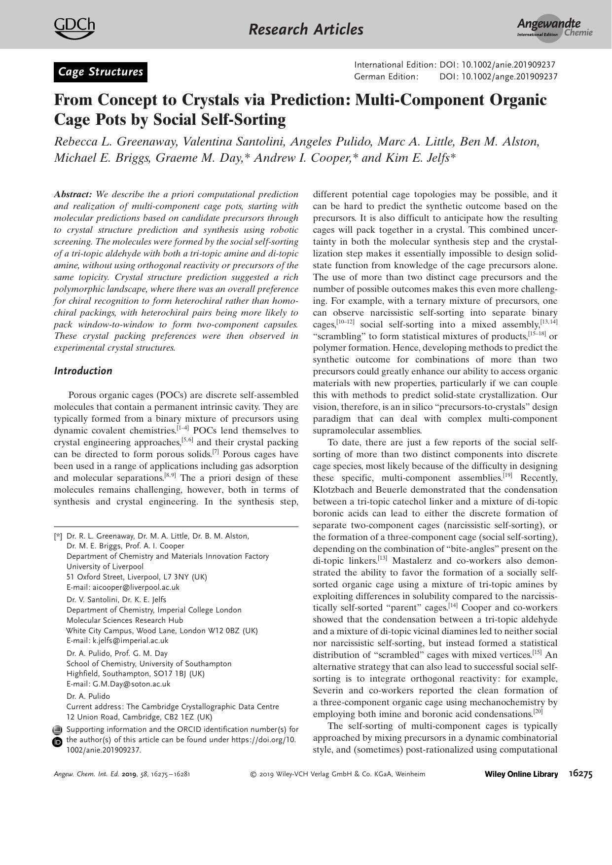 From Concept to Crystals via Prediction: MultiâComponent Organic Cage Pots by Social SelfâSorting by Unknown