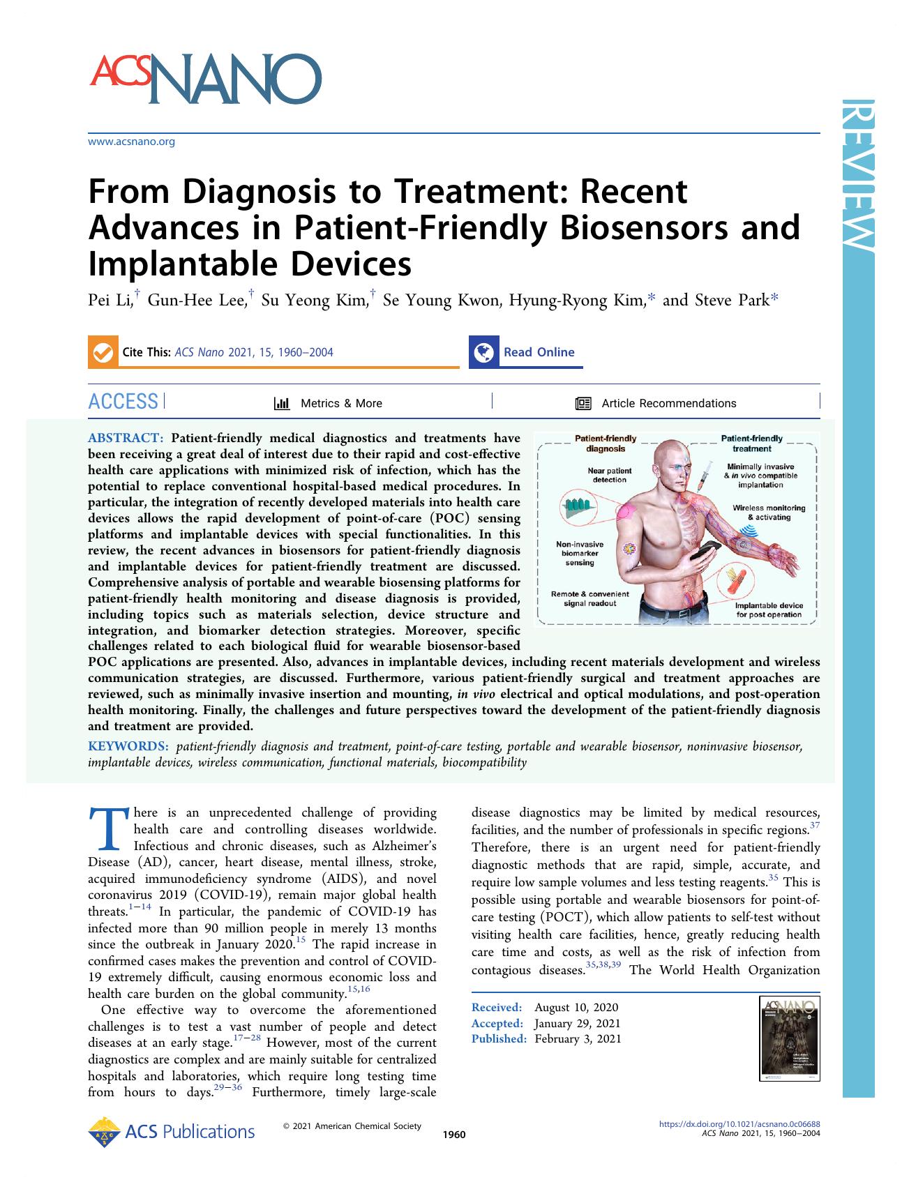 From Diagnosis to Treatment: Recent Advances in Patient-Friendly Biosensors and Implantable Devices by Pei Li Gun-Hee Lee Su Yeong Kim Se Young Kwon Hyung-Ryong Kim and Steve Park