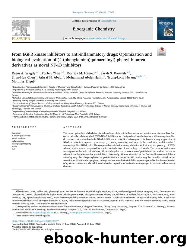 From EGFR kinase inhibitors to anti-inflammatory drugs: Optimization and biological evaluation of (4-(phenylamino)quinazolinyl)-phenylthiourea derivatives as novel NF-ÎºB inhibitors by Reem A. Wagdy