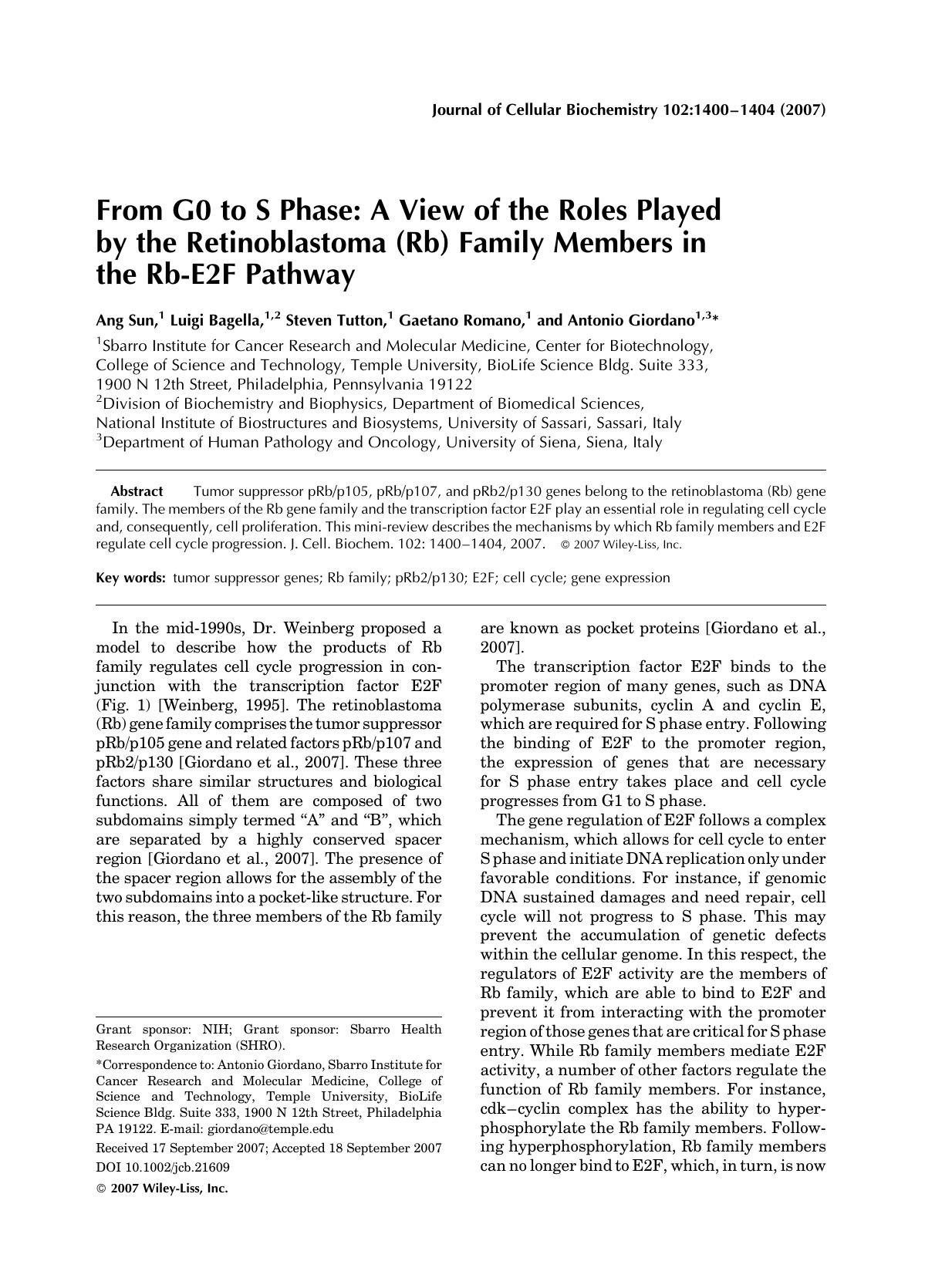 From G0 to S phase: A view of the roles played by the retinoblastoma (Rb) family members in the Rb-E2F pathway by Unknown