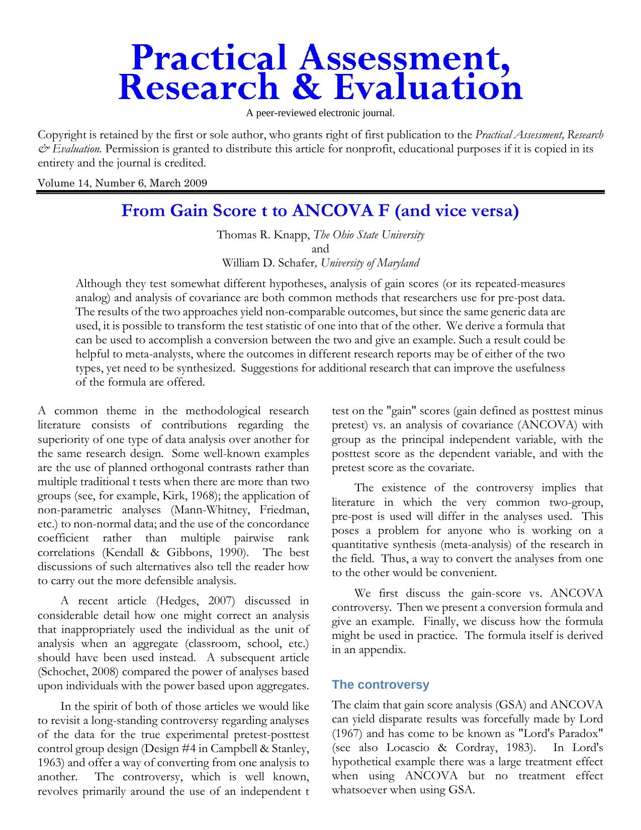 From Gain Score t to ANCOVA F (and vice versa) by Knapp Thomas R. Schafer William D