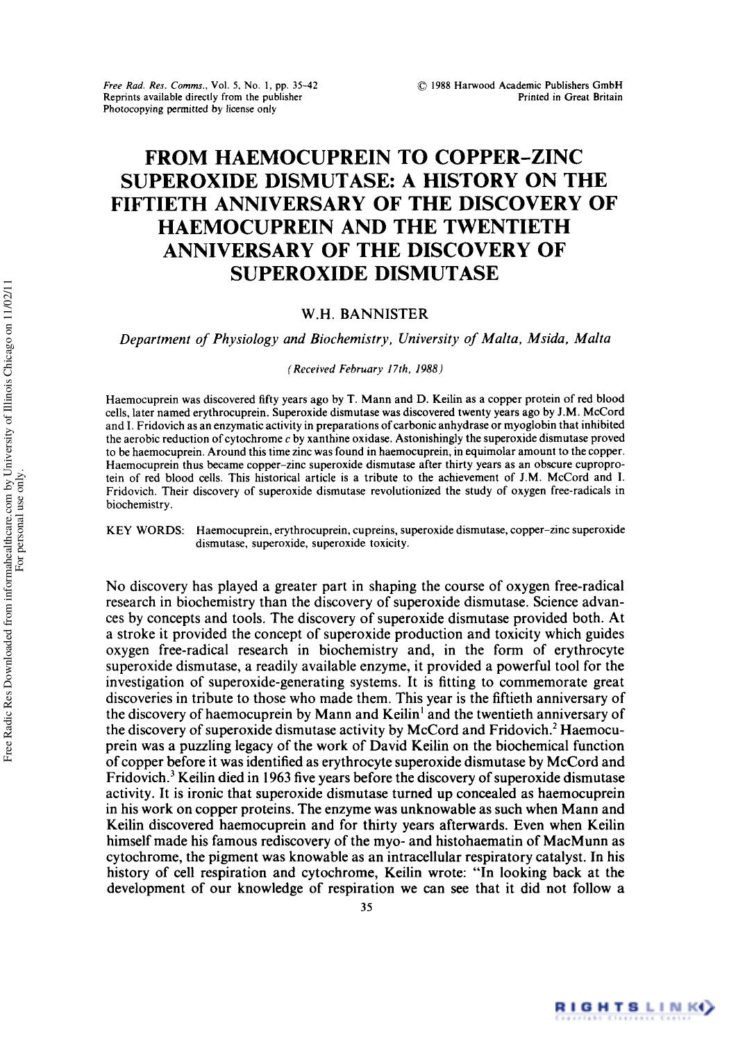From Haemocuprein to Copper-Zinc Superoxide Dismutase: A History on the Fiftieth Anniversary of the Discovery of Haemocuprein and the Twentieth Anniversary of the Discovery of Superoxide Dismutase by W. H. Bannister