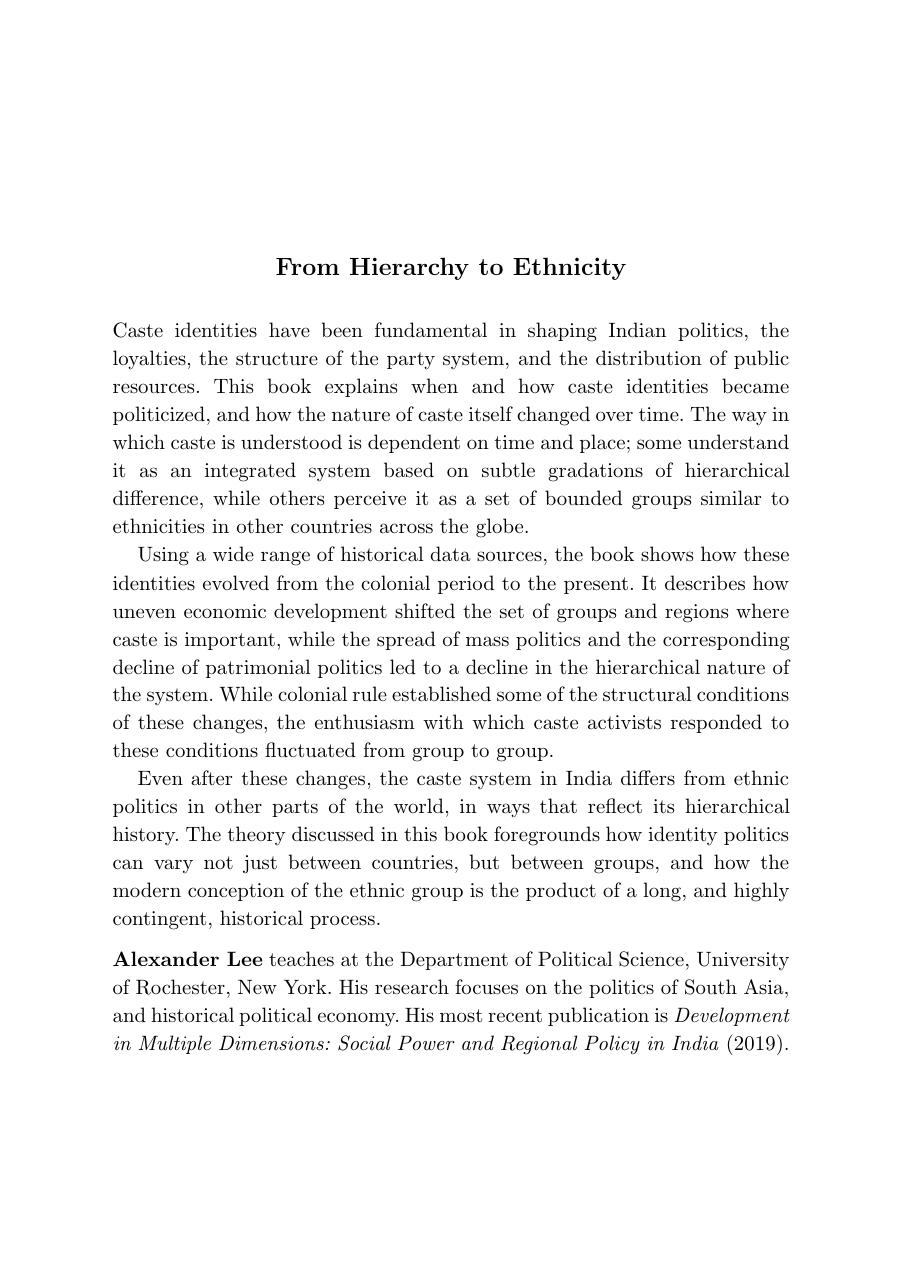 From Hierarchy to Ethnicity: The Politics of Caste in Twentieth-Century India by Alexander Mark Lee