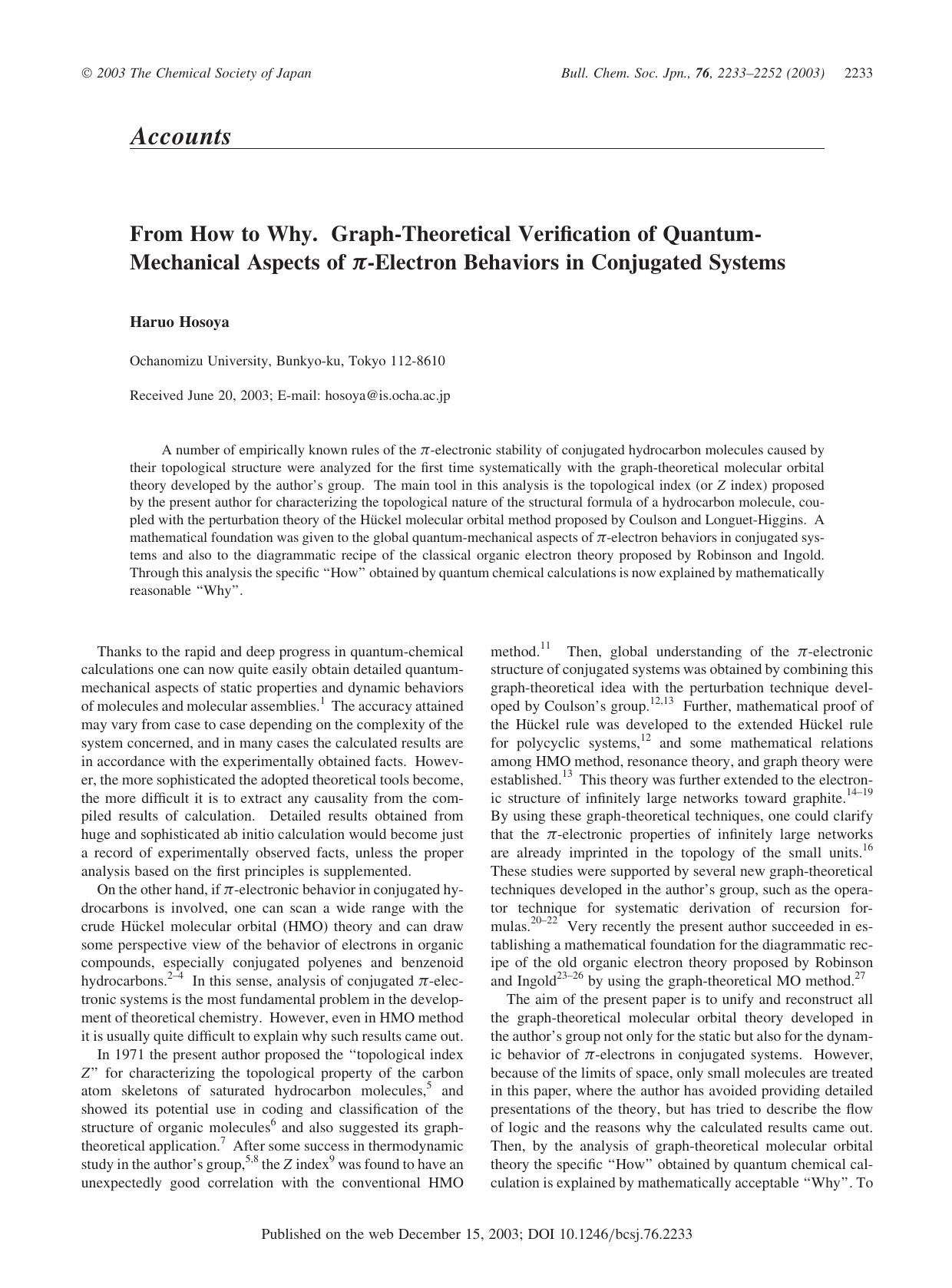 From How to Why. Graph-Theoretical Verification of Quantum-Mechanical Aspects of \pi-Electron Behaviors in Conjugated Systems by Haruo Hosoya